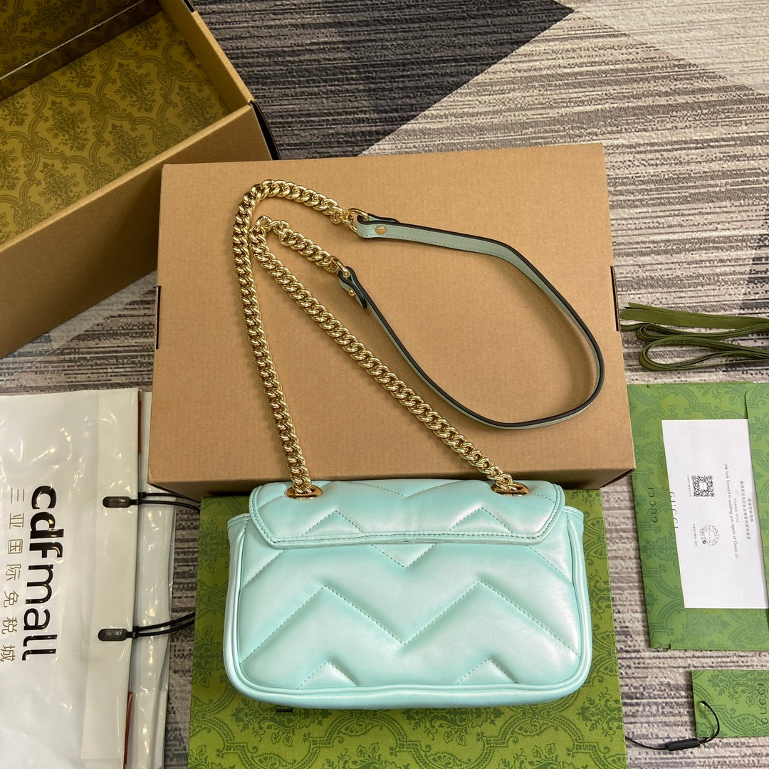 GUCCI MARMONT 23 SMALL SHOULDER BAG BLUE IRIDESCENT CALFSKIN