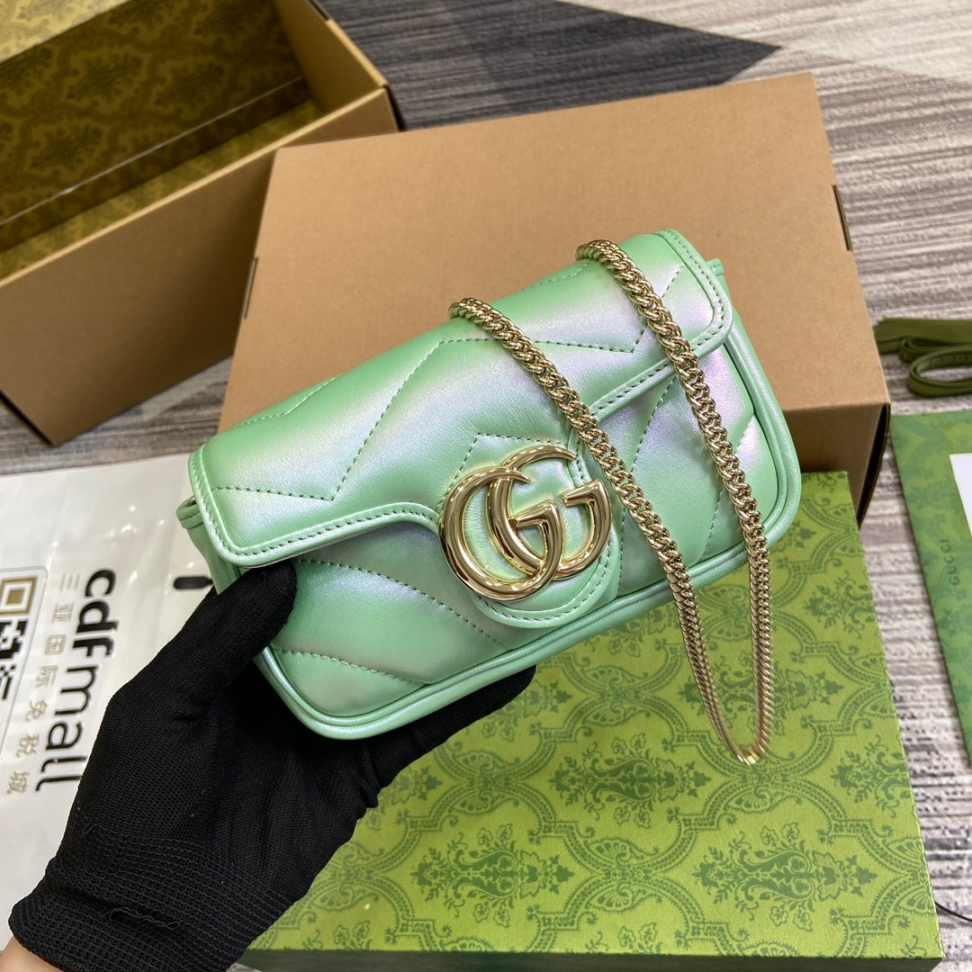 GUCCI MARMONT 16 MINI SHOULDER BAG GREEN IRIDESCENT CALFSKIN