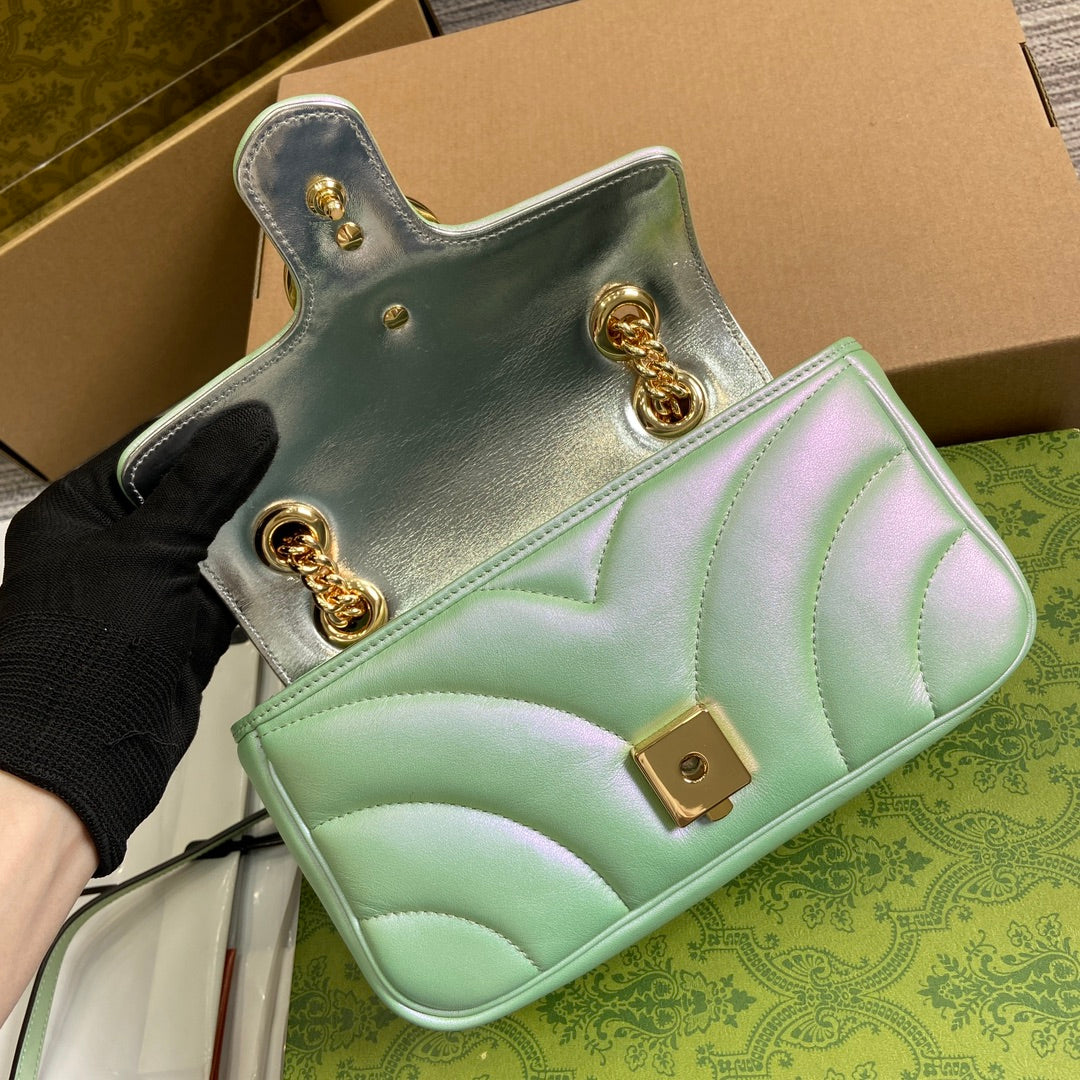 GUCCI MARMONT 23 SMALL SHOULDER BAG GREEN IRIDESCENT CALFSKIN