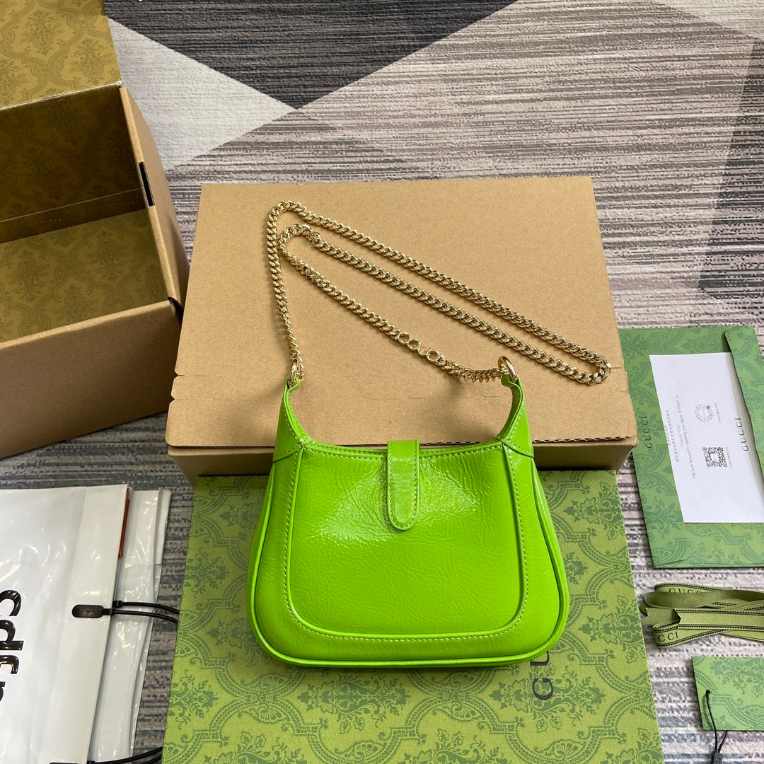 GUCCI JACKIE NOTTE MINI BAG 19 IN LIME GREEN CRACKED LACQUER CALFSKIN GOLD HARDWARE