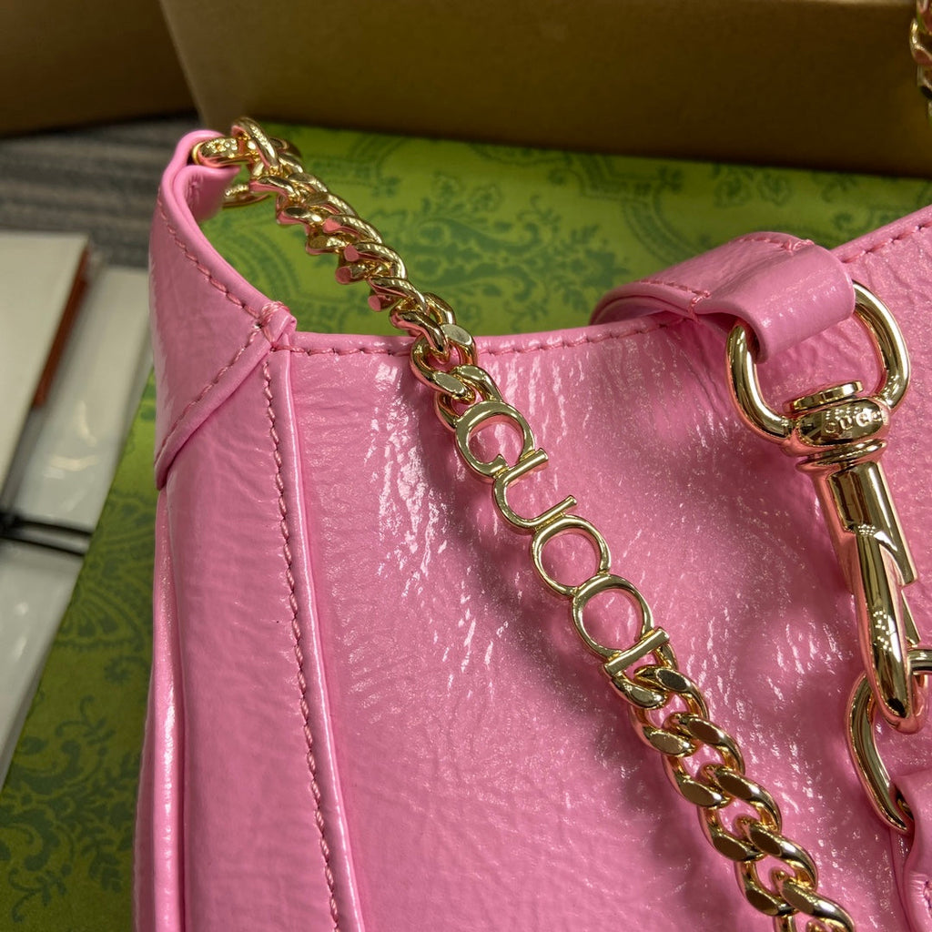 GUCCI JACKIE NOTTE MINI BAG 19 IN PINK CRACKED LACQUER CALFSKIN GOLD HARDWARE