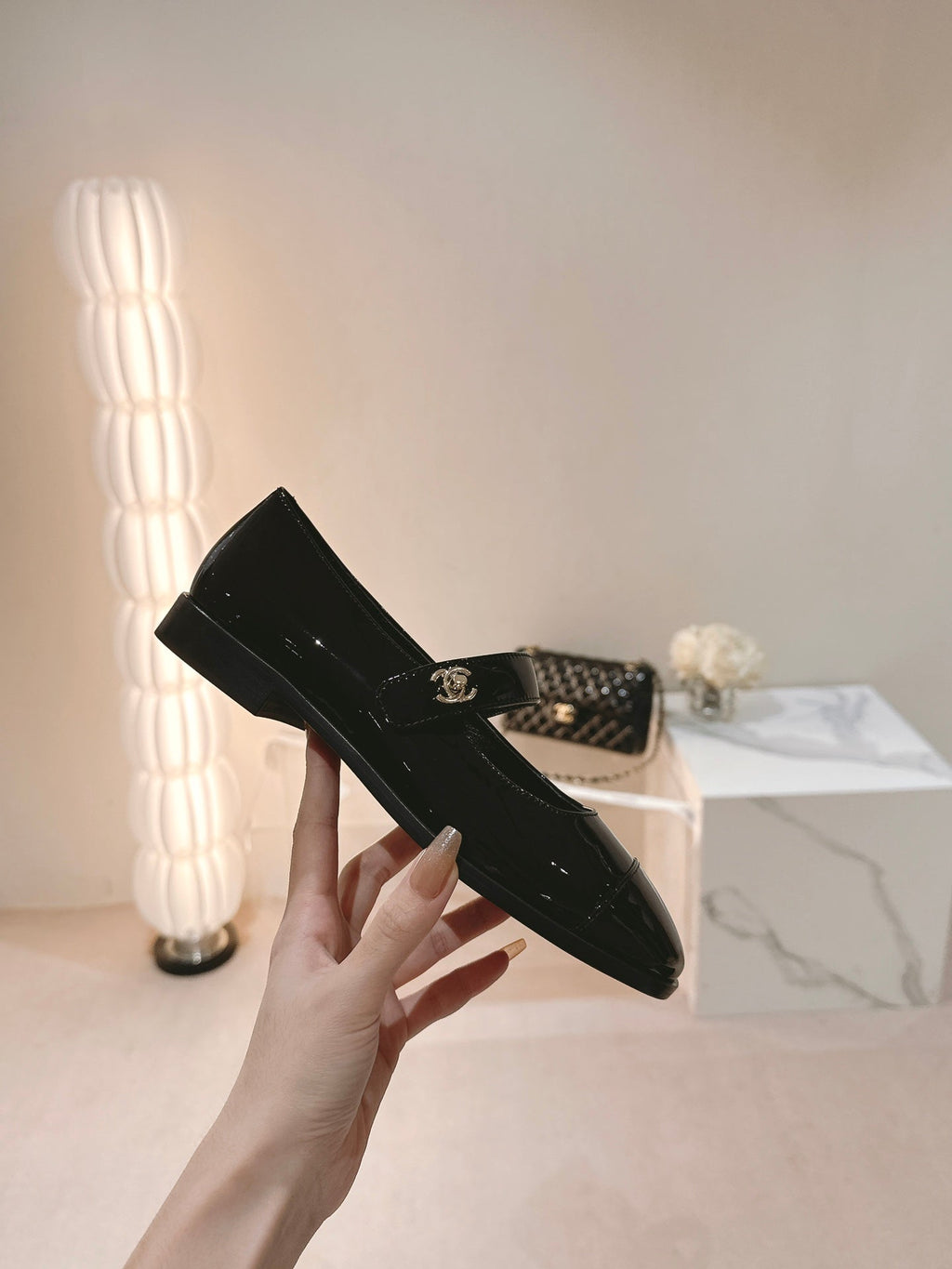 CHANEL mary jane flat black patent calfskin