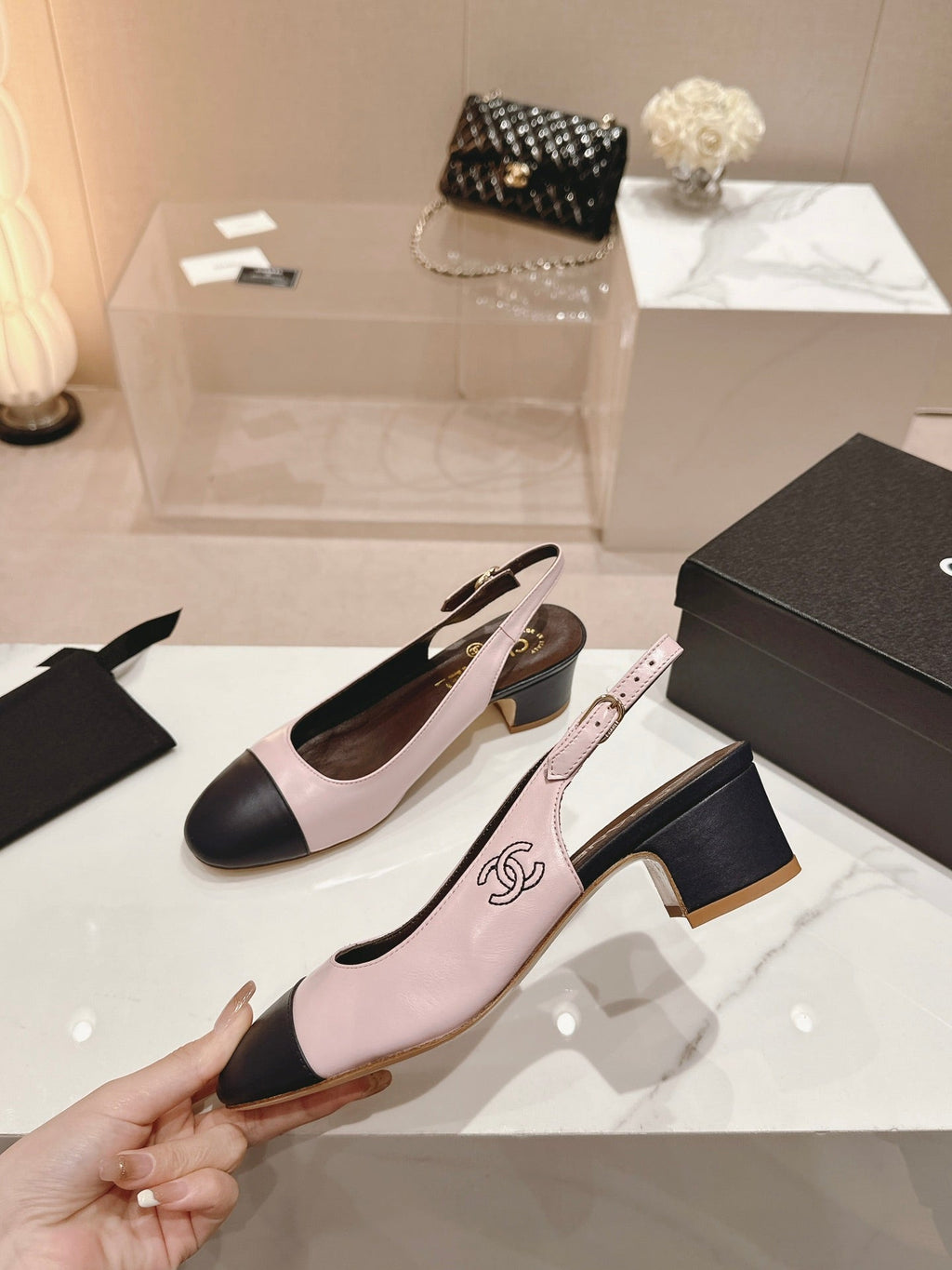 CHANEL SLINGBACKS LIGHT PINK MIX BLACK SHEEPSKIN