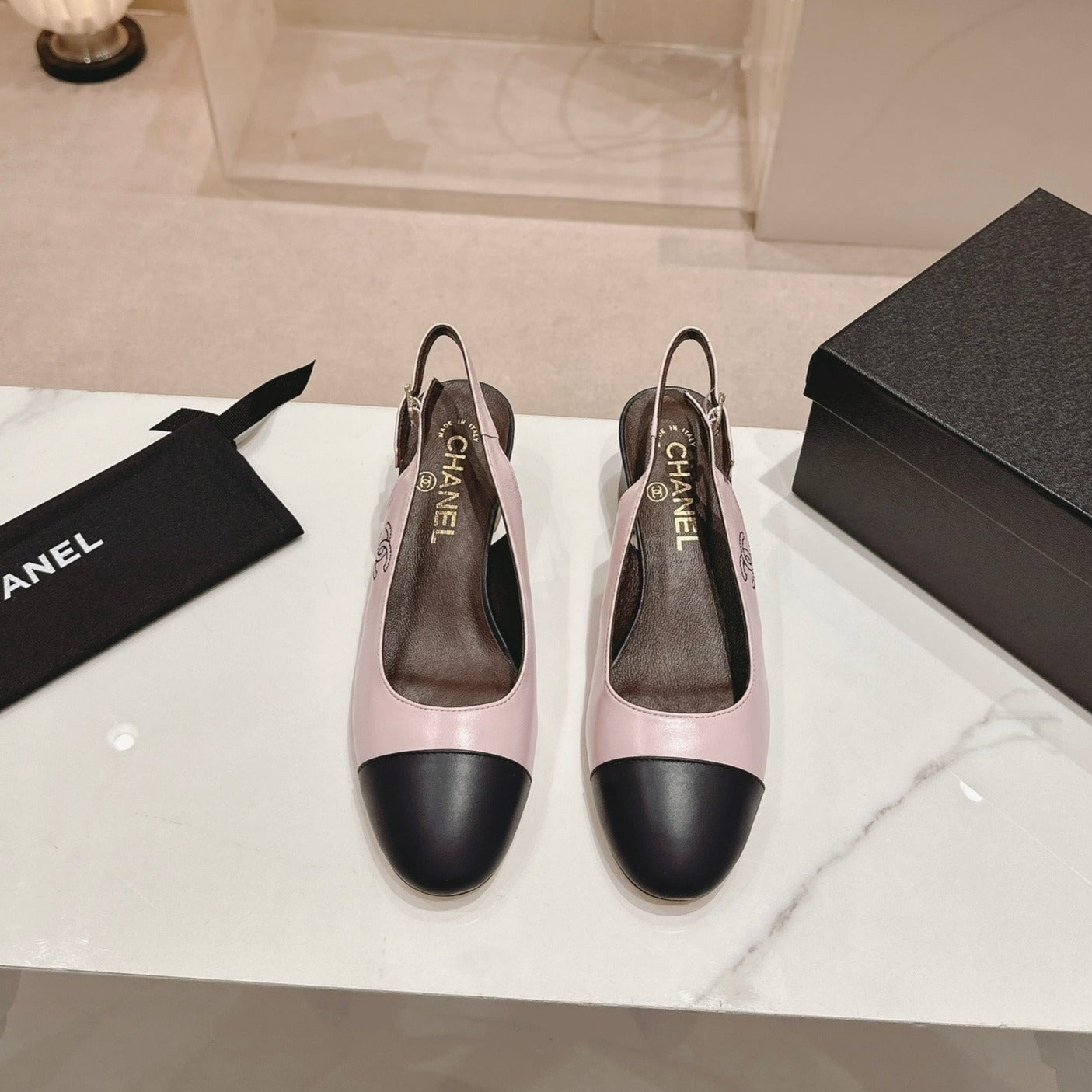 CHANEL SLINGBACKS LIGHT PINK MIX BLACK SHEEPSKIN