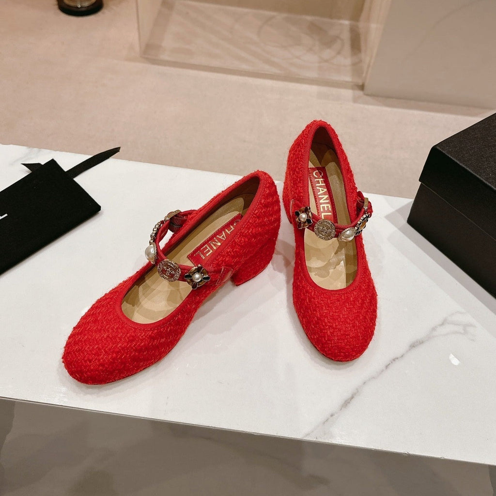CHANEL HIGH MARY JANE SHOES RED PINK WOOL TWEED