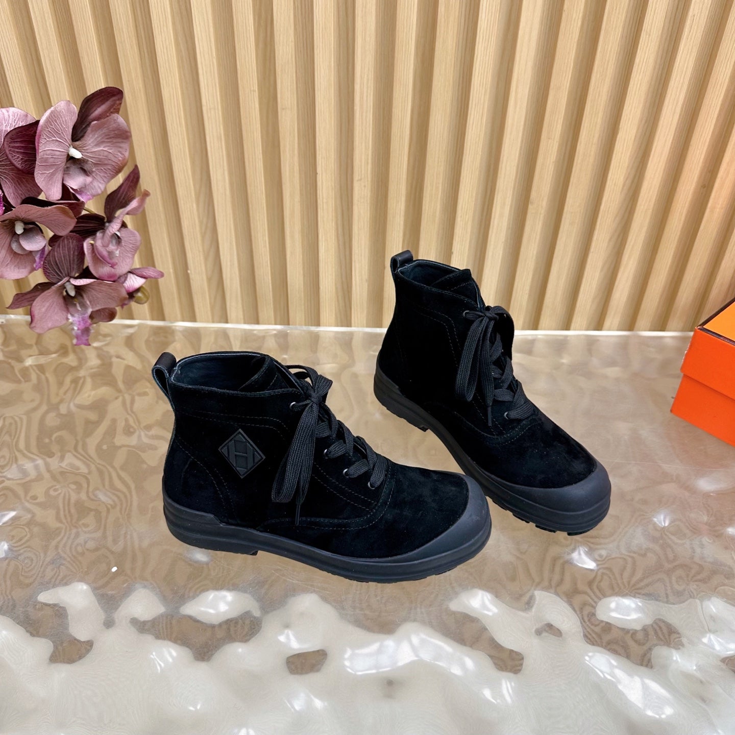 HERMES 25S KOOLER ANKLE BOOTS IN BLACK SUEDE