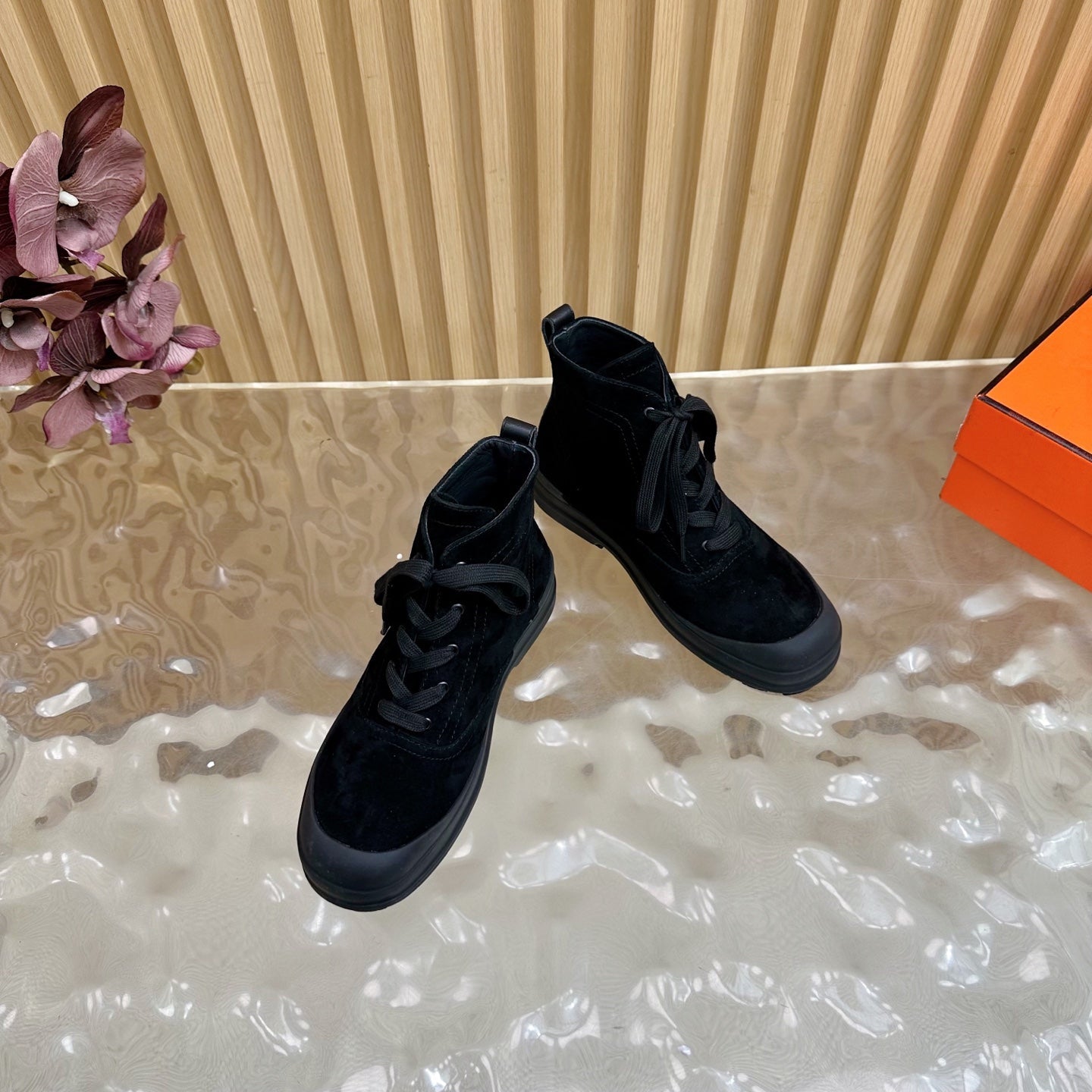 HERMES 25S KOOLER ANKLE BOOTS IN BLACK SUEDE