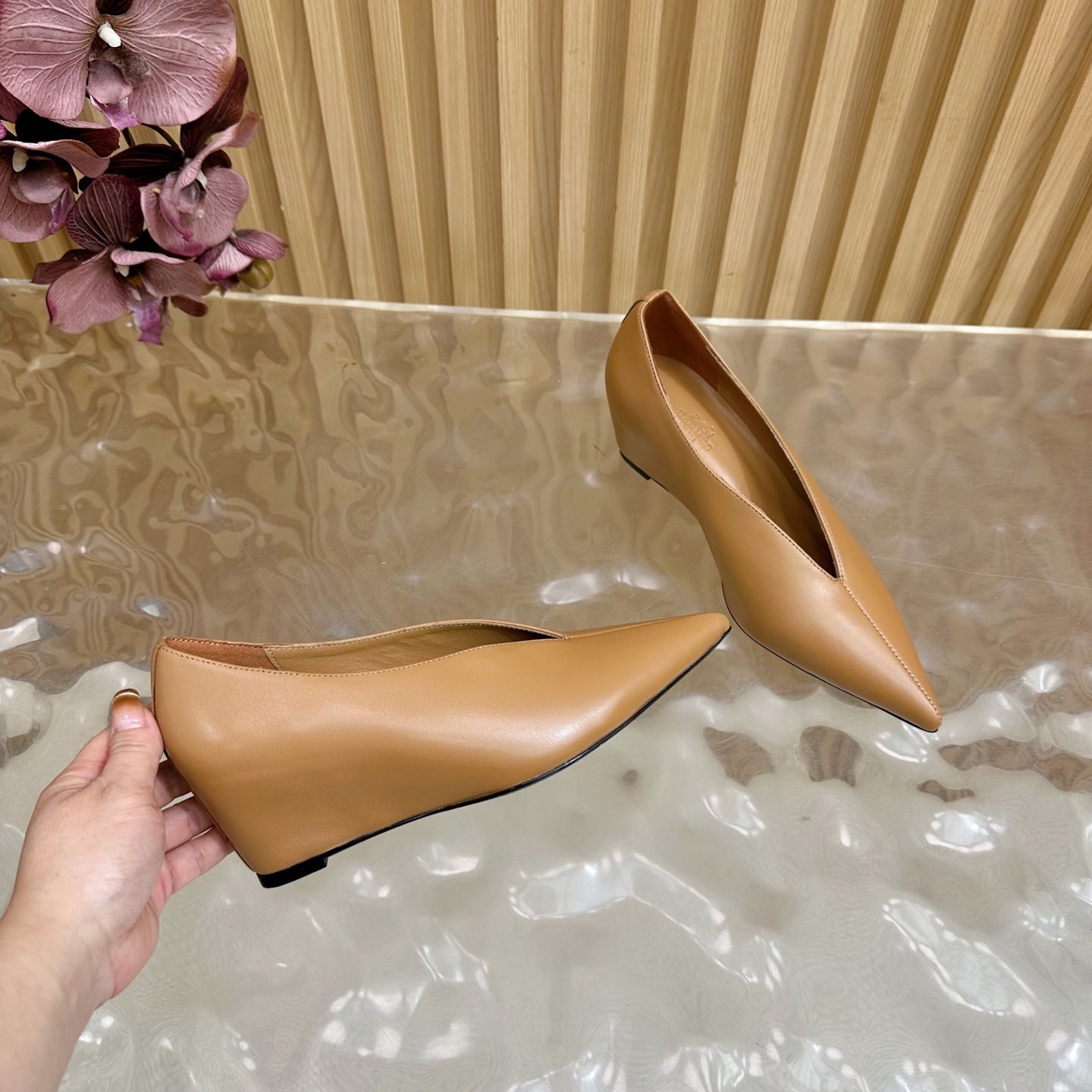HERMES 25S HIGH-HEEL WEDGE SHOES 50 MM IN BROWN LAMBSKIN