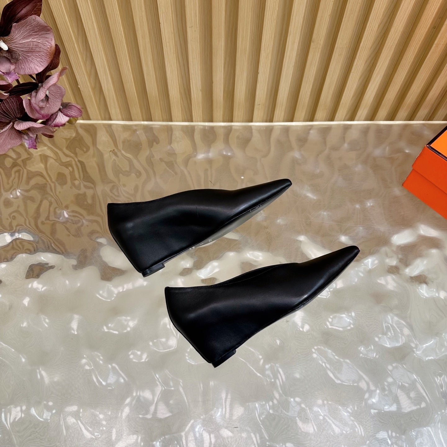 HERMES 25S HIGH-HEEL WEDGE SHOES 50 MM IN BLACK LAMBSKIN