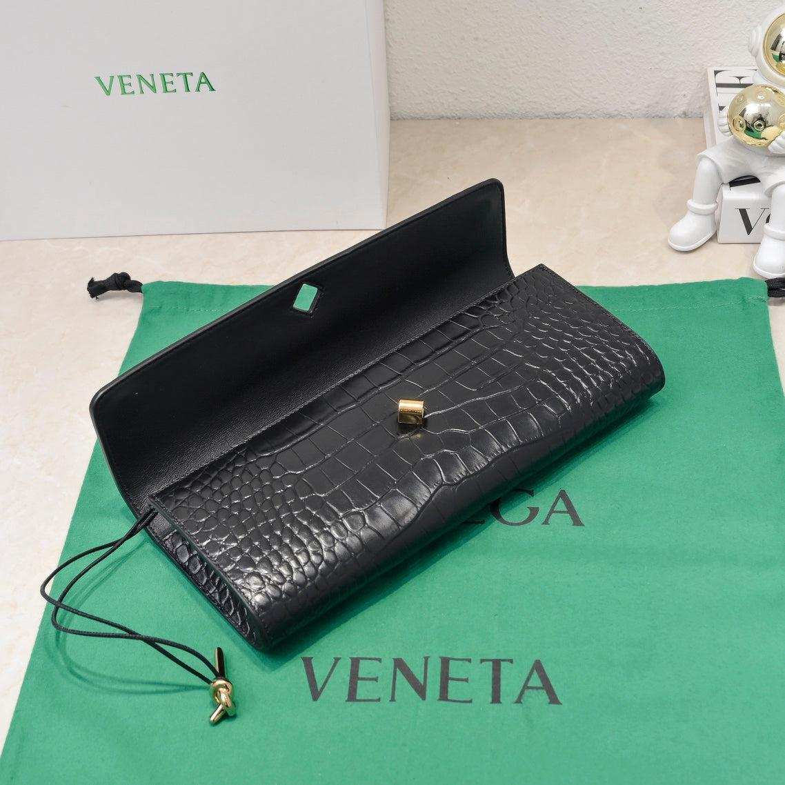 BOTTEGA VENETA Long Clutch Andiamo 31 Black Crocodile Calfskin Ghw