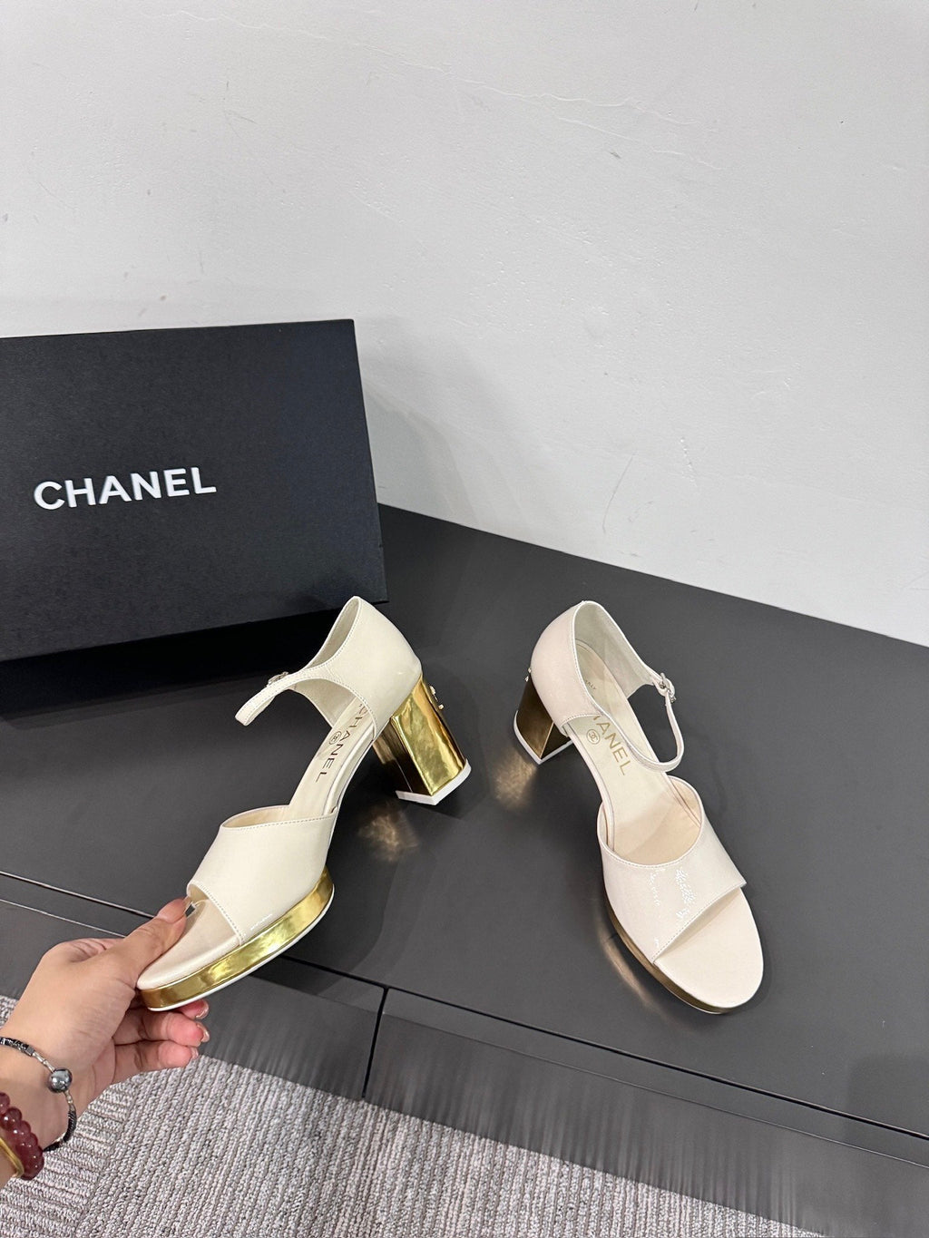 CHANEL BLOCK HEEL SANDALS WHITE SHEEPSKIN