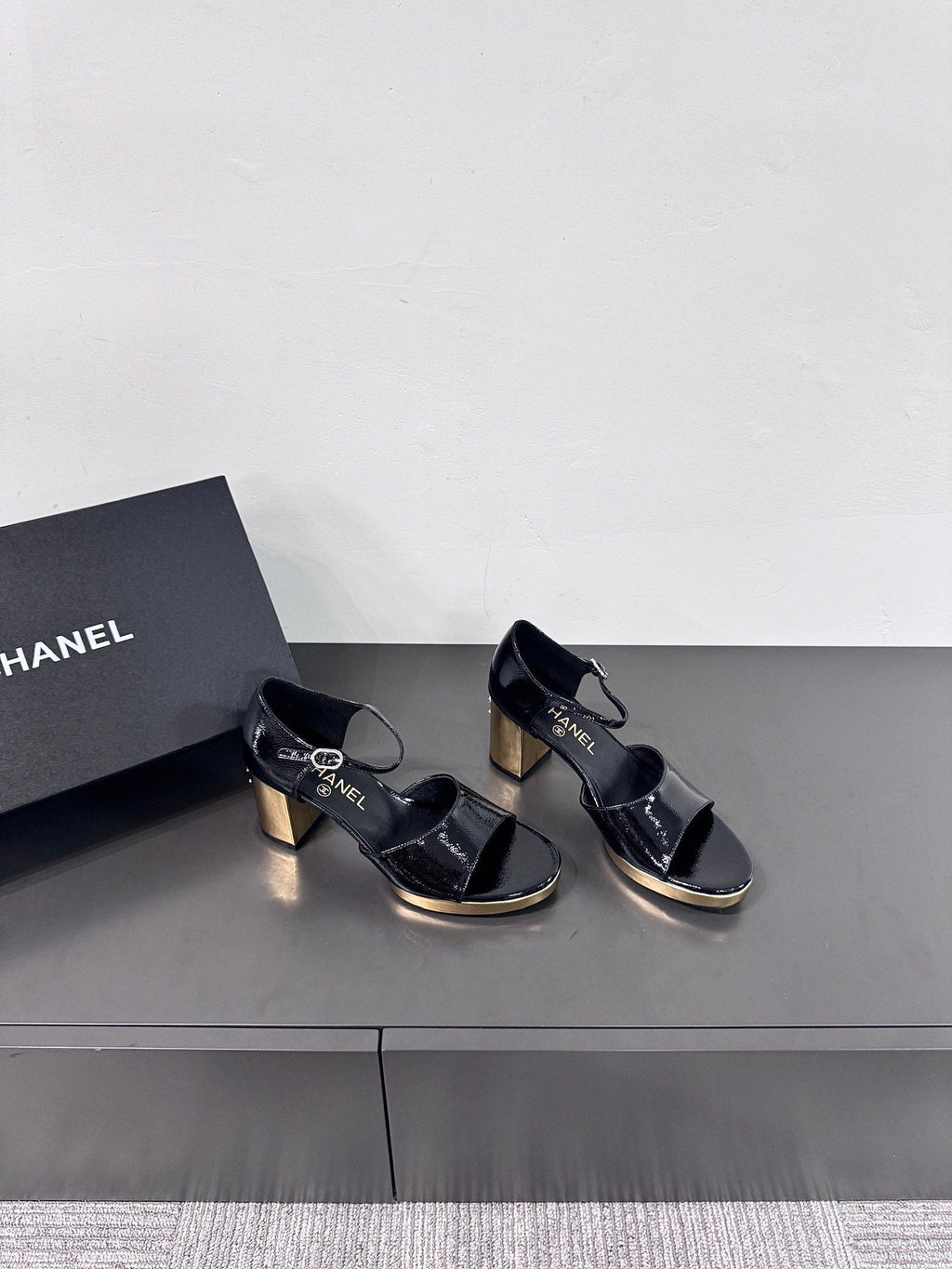 CHANEL BLOCK HEEL SANDALS BLACK SHEEPSKIN