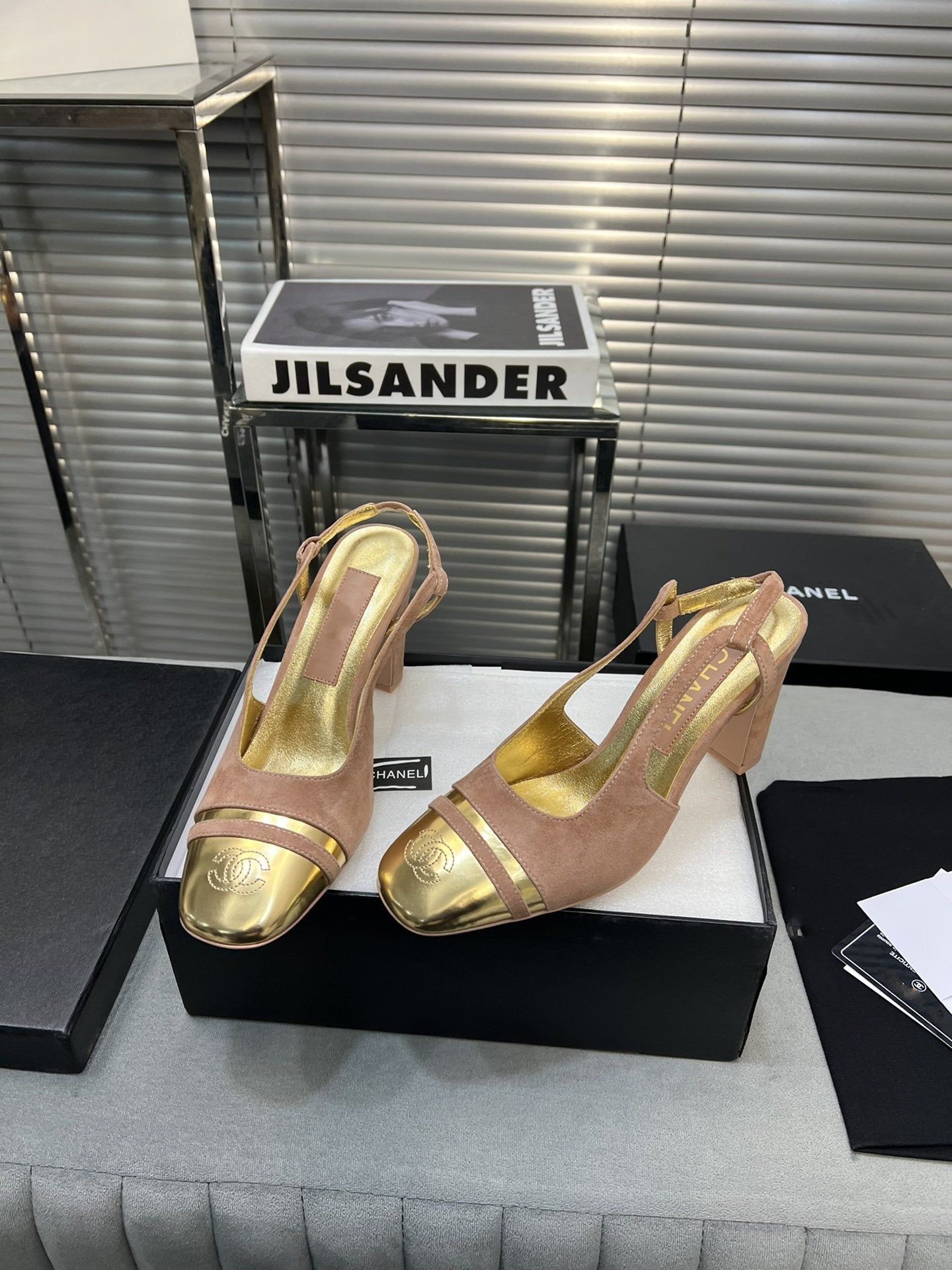 CHANEL slingback rose suede gold metalic lambskin square toe 9.5