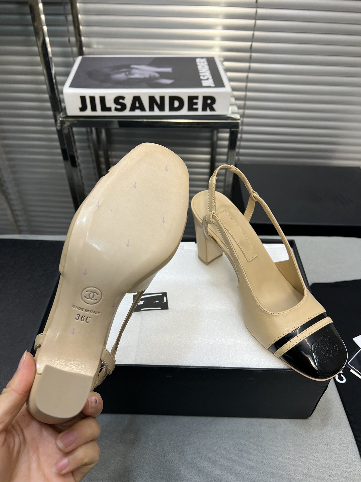 CHANEL slingback light beige suede silver metalic lambskin square toe 9.5