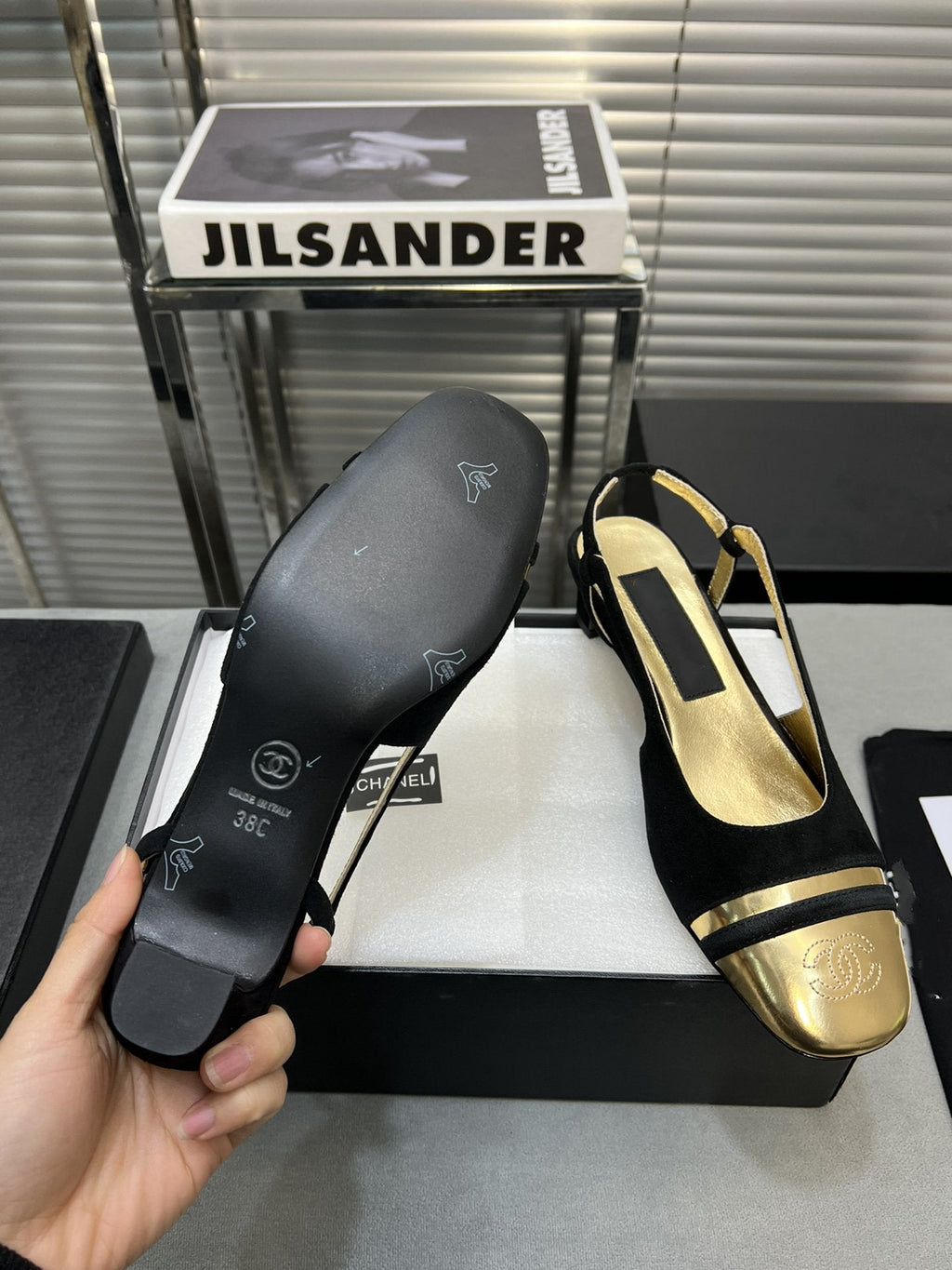 CHANEL slingback black suede gold metalic lambskin square toe 5.0