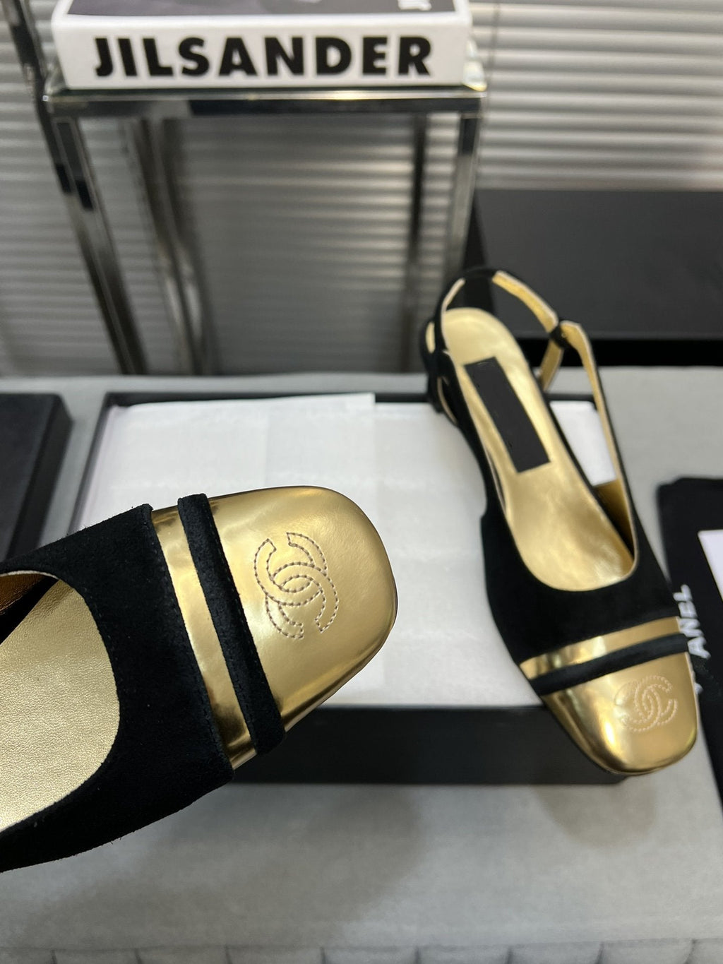 CHANEL slingback black suede gold metalic lambskin square toe 5.0