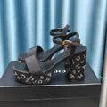 CHANEL Chunky Heel Rhinestone High Sandals Black Lambskin