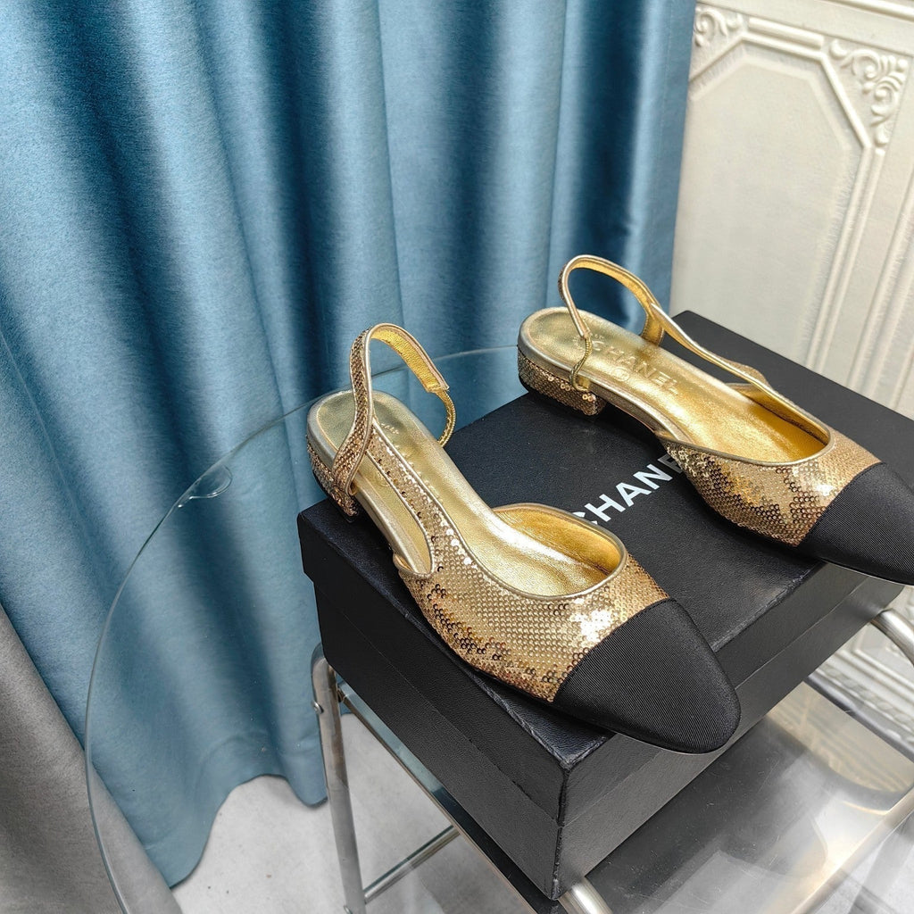 CHANEL SLINGBACKS IN GLITTER GOLDEN LAMBSKIN