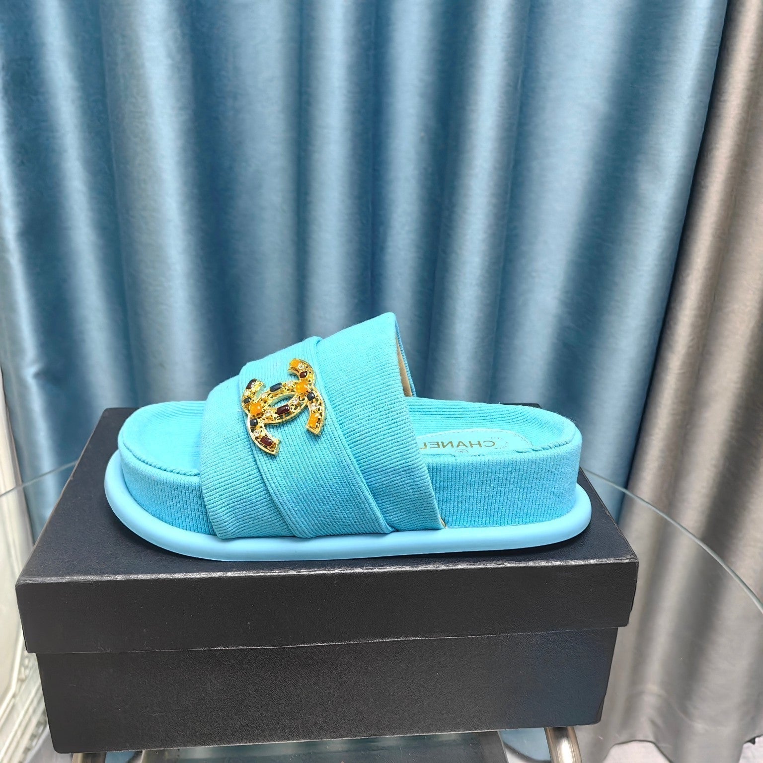 CHANEL PLATFORM HEELS SANDALS IN SAPPHIRE BLUE WOOLEN FABRIC
