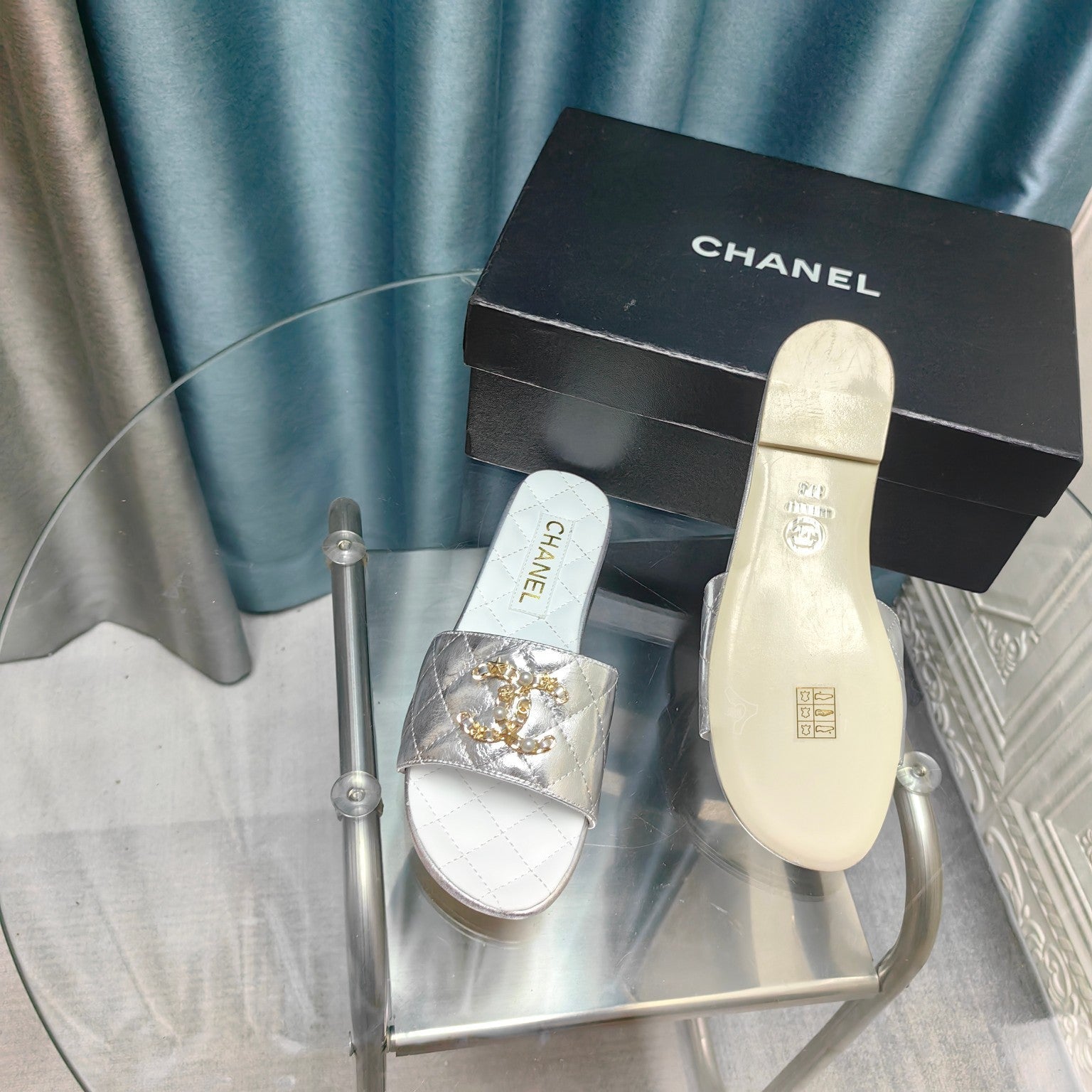 CHANEL QUILTED SLIPPERS SILVER SHEEPSKIN