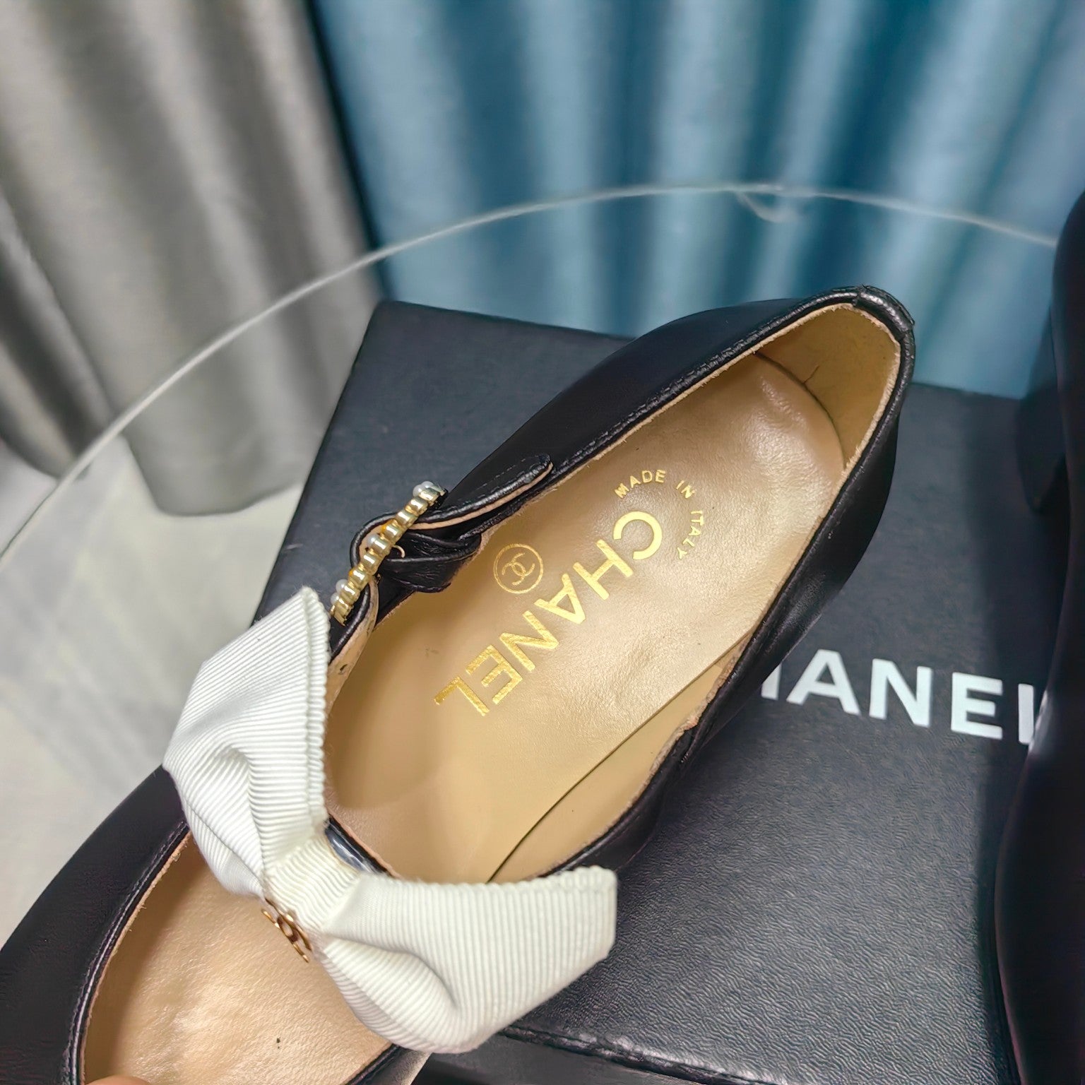 CHANEL HIGH MARY JANE SHOES BLACK SHEEPSKIN WITH WHITE BOW