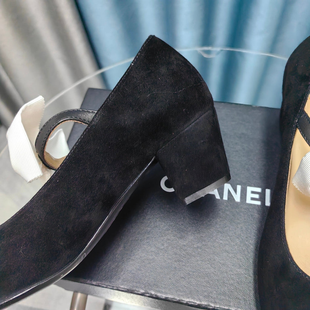 CHANEL HIGH MARY JANE SHOES BLACK SUEDE WITH WHITE BOW