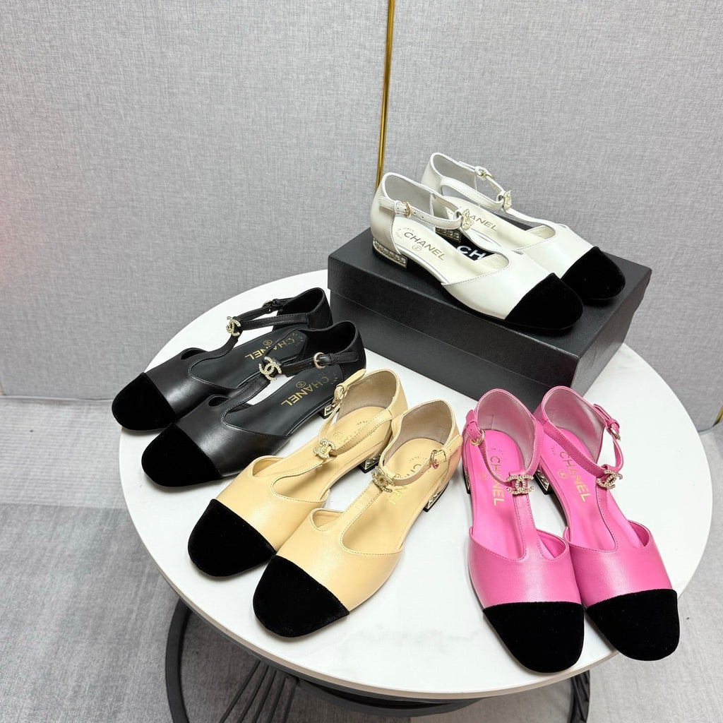 CHANEL MARY JANE 25S IN BLACK LAMBSKIN AND SUEDE WITH PEARL HEEL