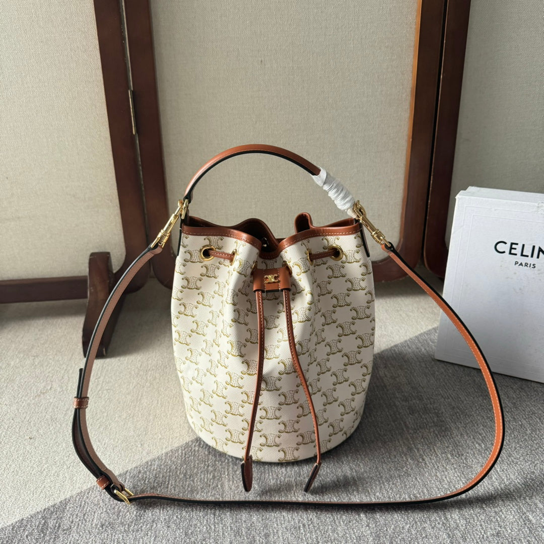 CELINE CLARA BAG 24 IN WHITE TRIOMPHE CANVAS AND BROWN CALFSKIN TRIM