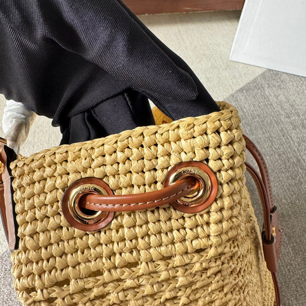 CELINE CLARA CLASSIC PANIER 25 IN BEIGE RAFFIA AND BROWN CALFSKIN