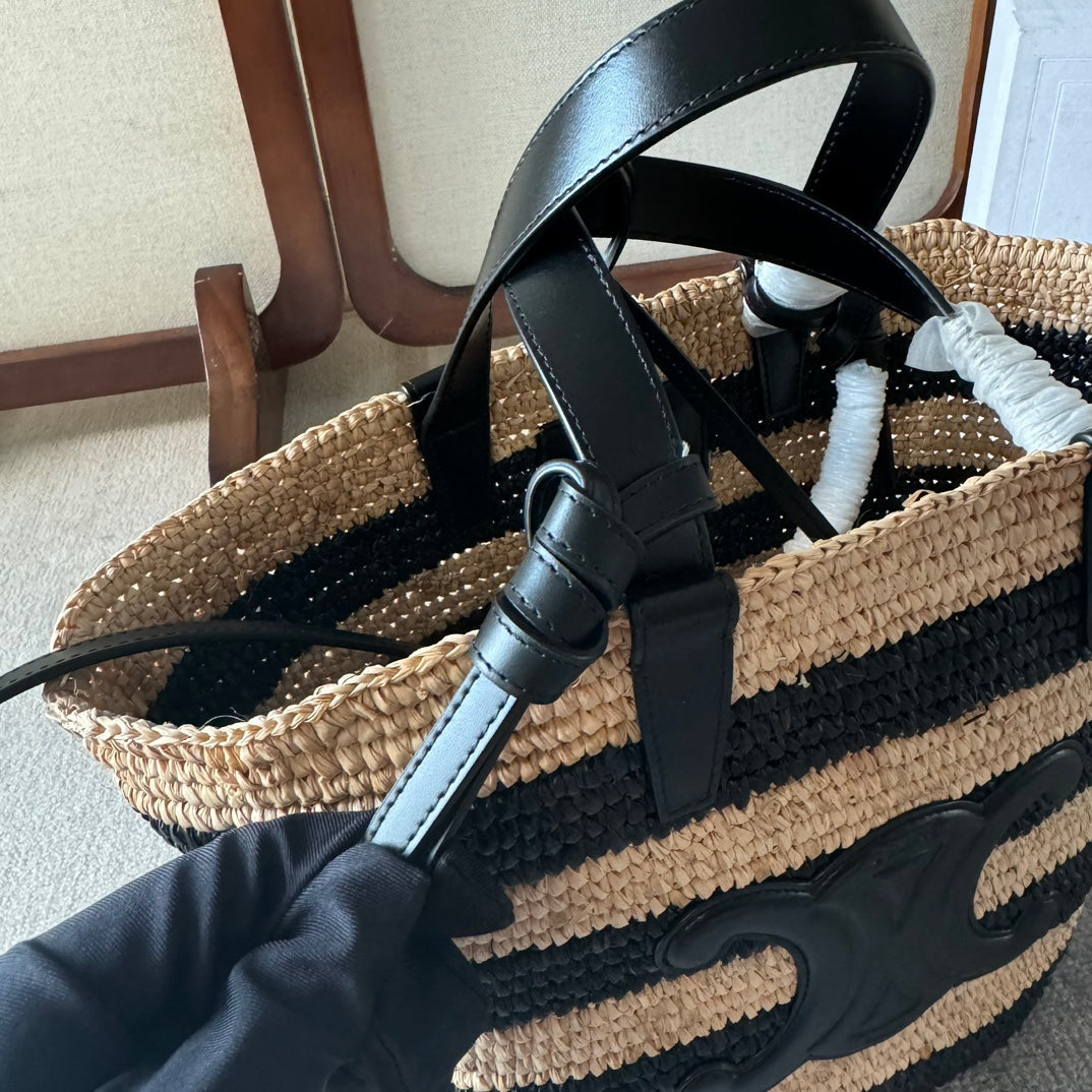 CELINE STRIPED COUFFIN CLASSIC PANIER 22 IN BEIGE AND BLACK RAFFIA AND CALFSKIN TRIM