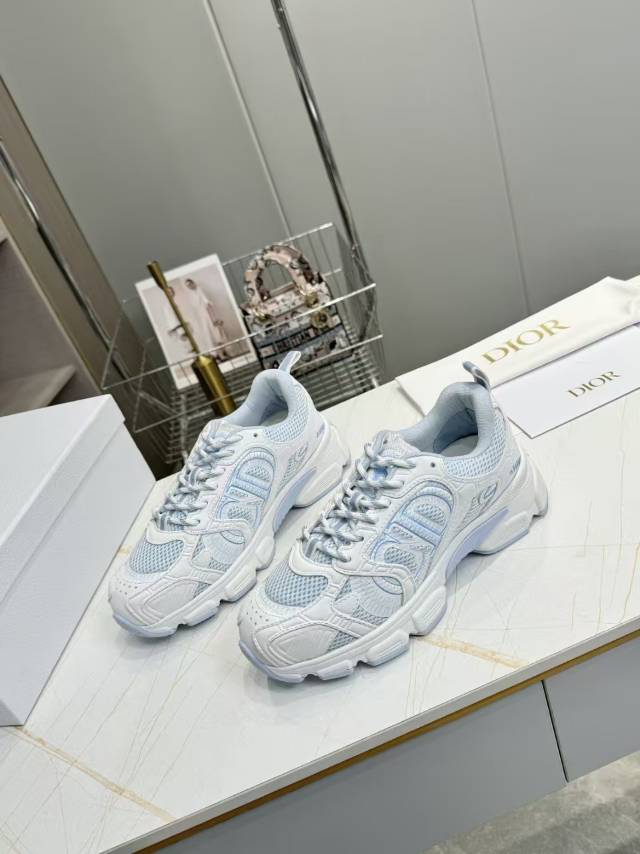 DIOR CD CHORONO SNEAKER IN WHITE AND LIGHT BLUE MESH