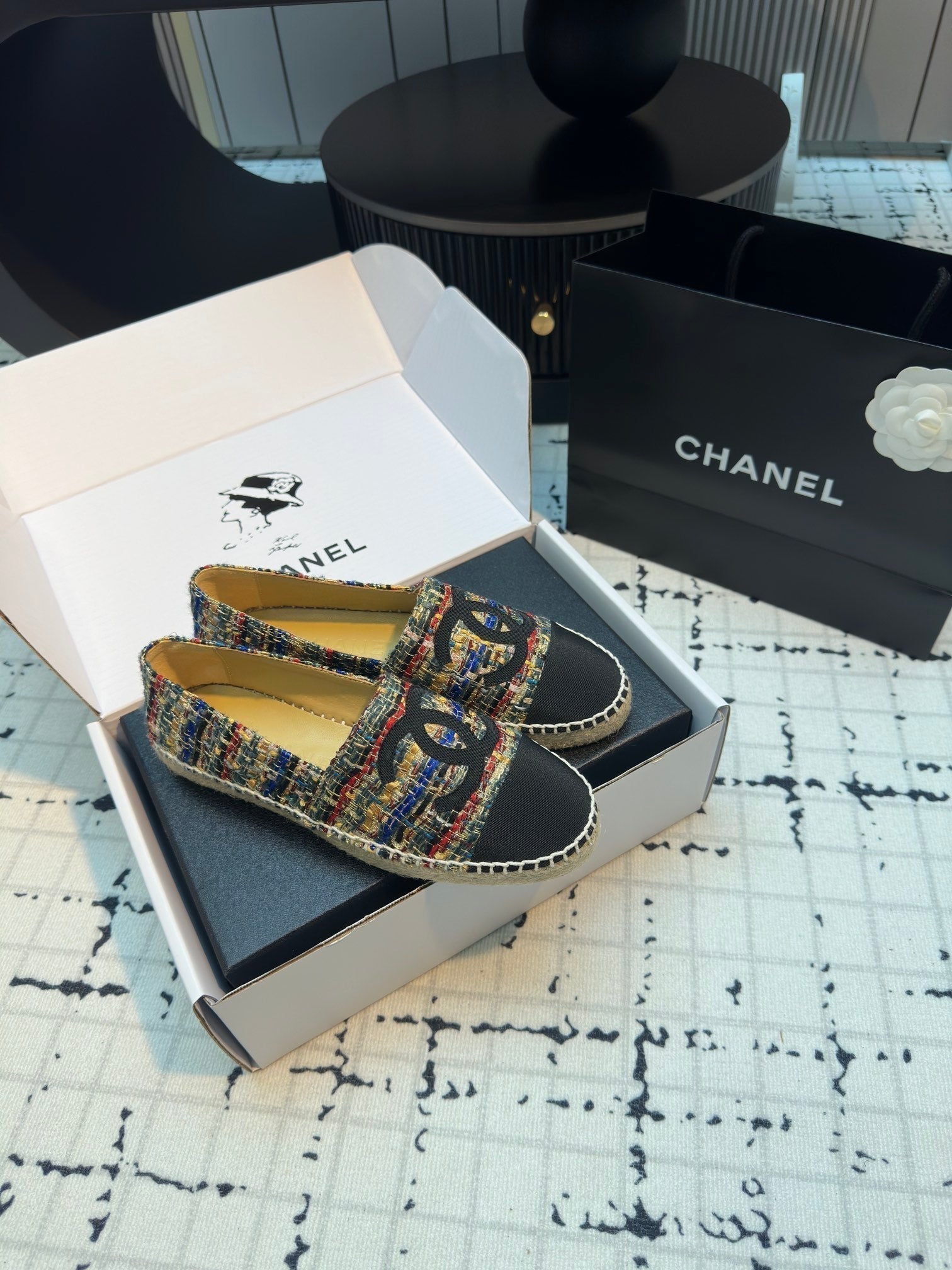 CHANEL ESPADRILLES LOAFERS IN MULTICOLOR TWEED AND BLACK SATIN