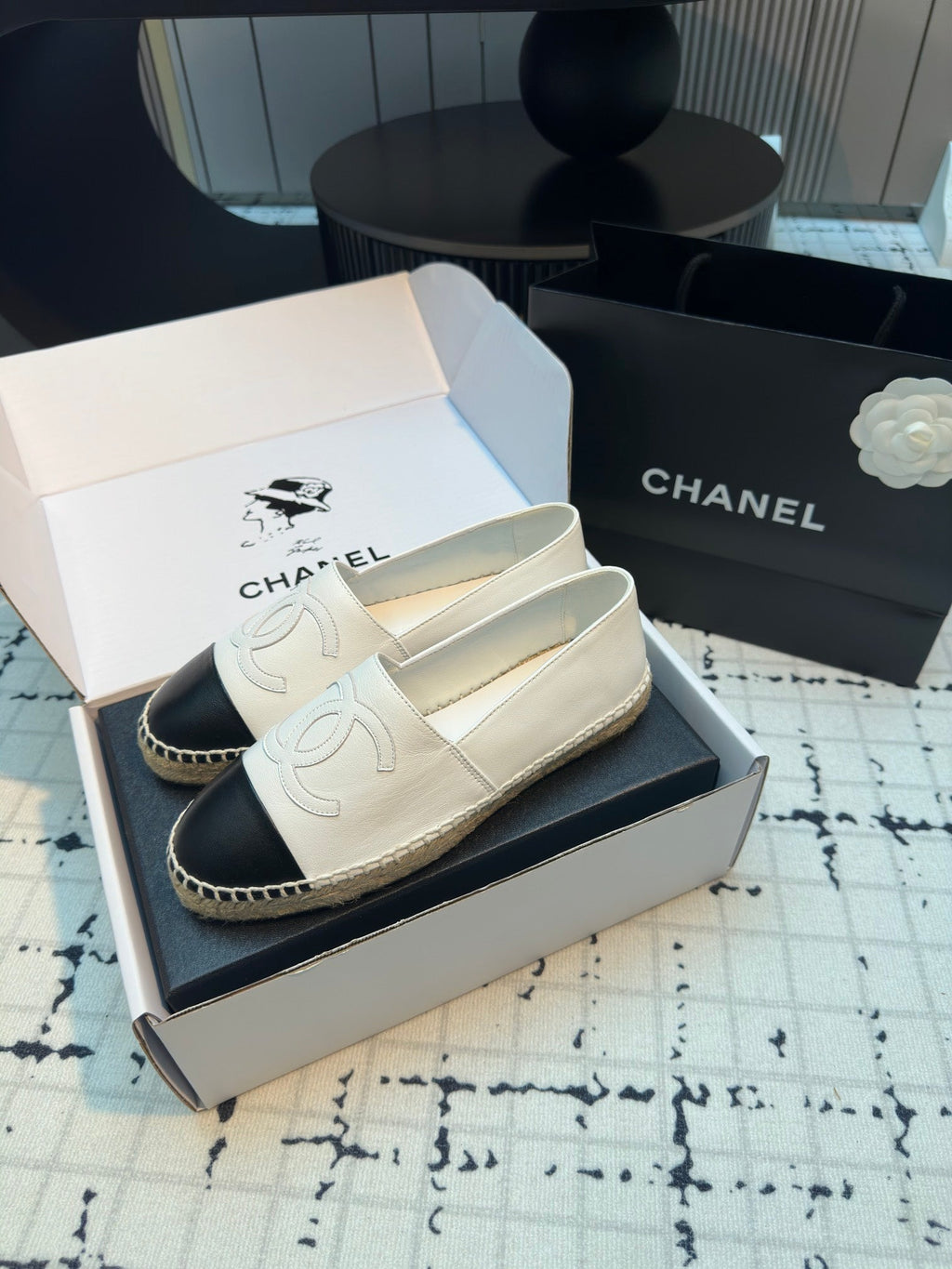 CHANEL ESPADRILLES LOAFERS IN BLACK MIX WHITE LAMBSKIN