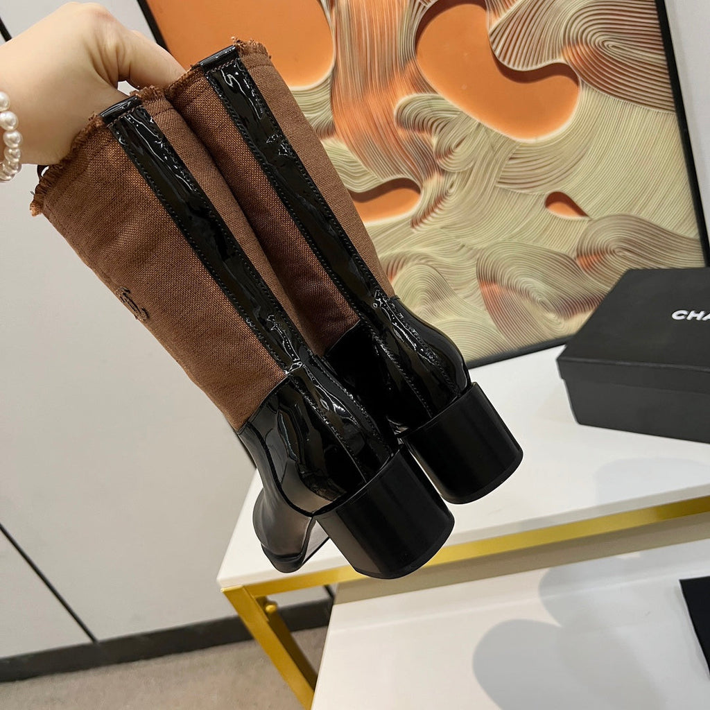 CHANEL HIGH BOOTS 5.5 CM IN BLACK LAMBSKIN AND CHOCOLATE BROWN FABRIC