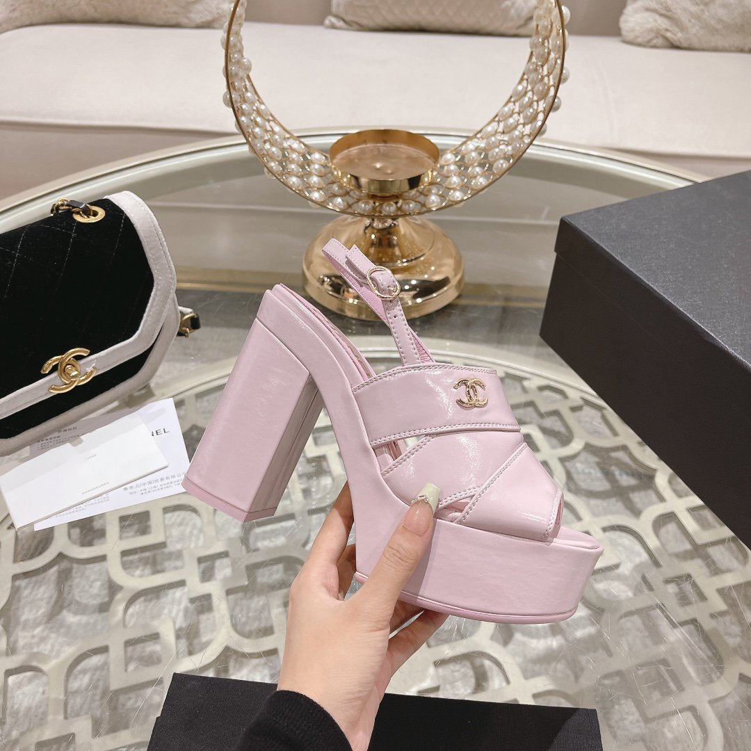 CHANEL sandals pink patent crumpled lambskin