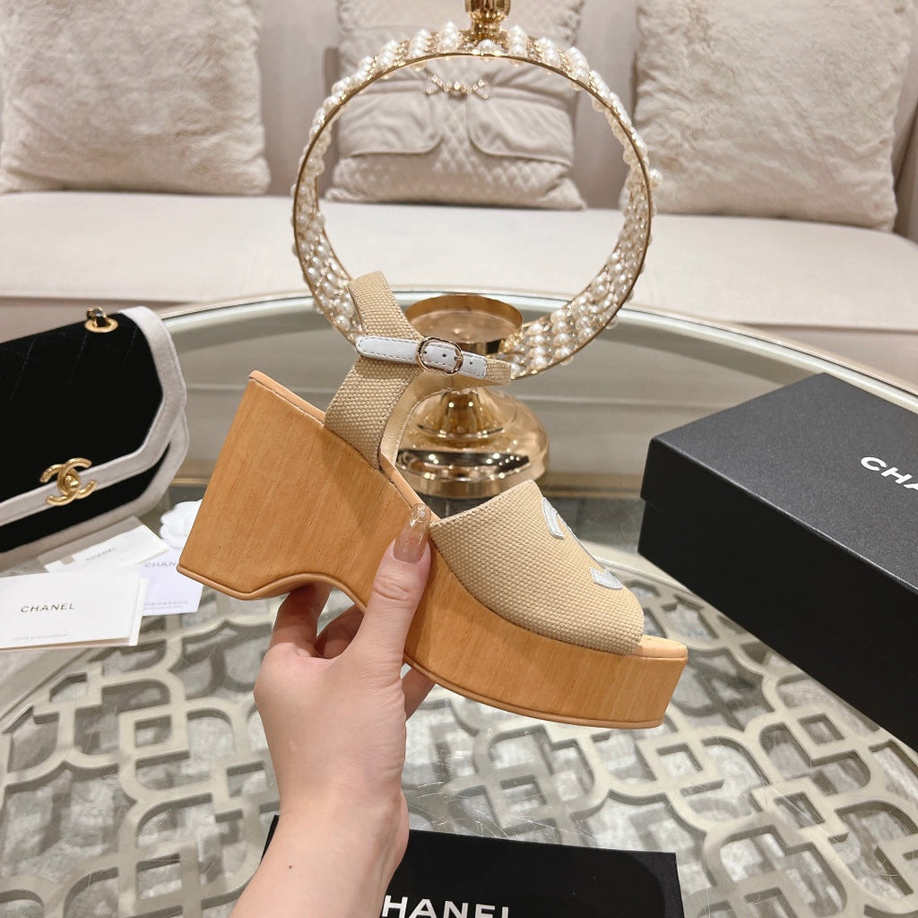 CHANEL WEDGE SANDALS IN BEIGE CREAM LAMBSKIN WITH WHITE LOGO