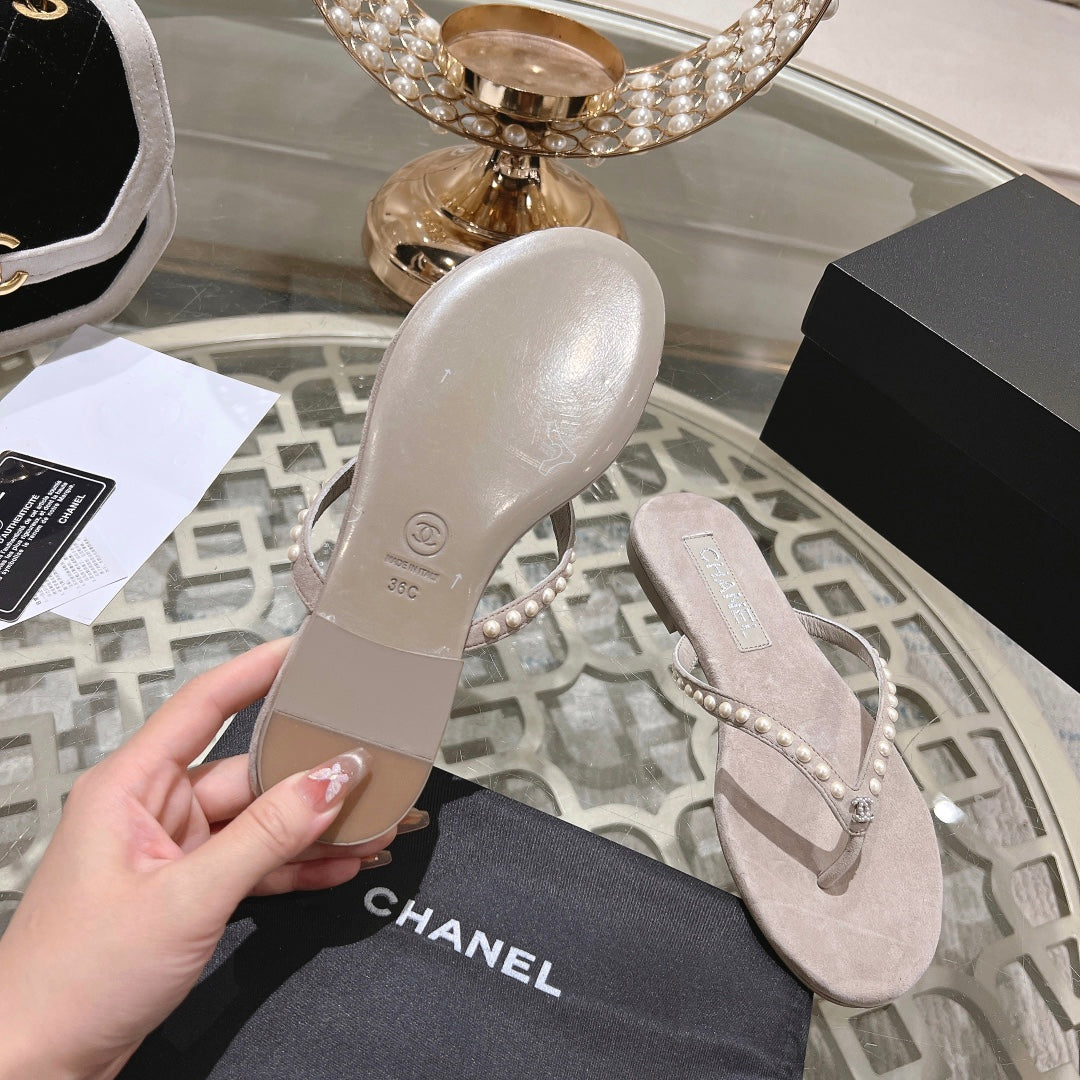 CHANEL PEARL THONG SANDAL IN PALE PINK SUEDE