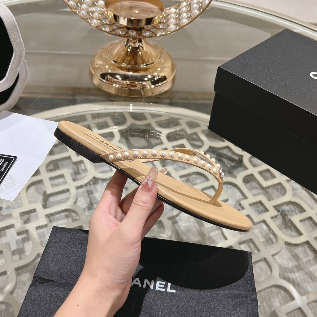 CHANEL PEARL THONG SANDAL IN SEPIA TAN LAMBSKIN