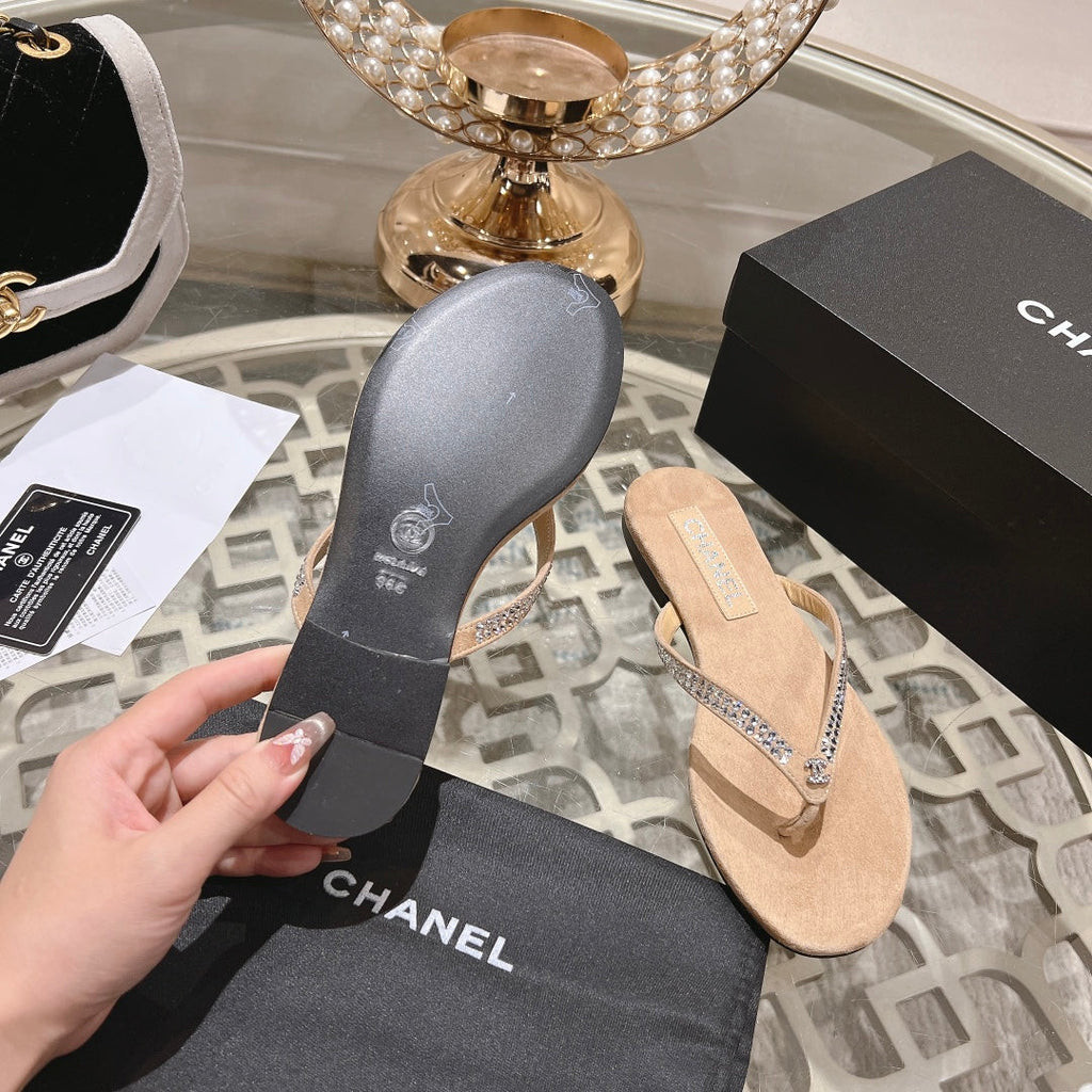 CHANEL RHINESTONES THONG SANDAL IN SEPIA TAN SUEDE