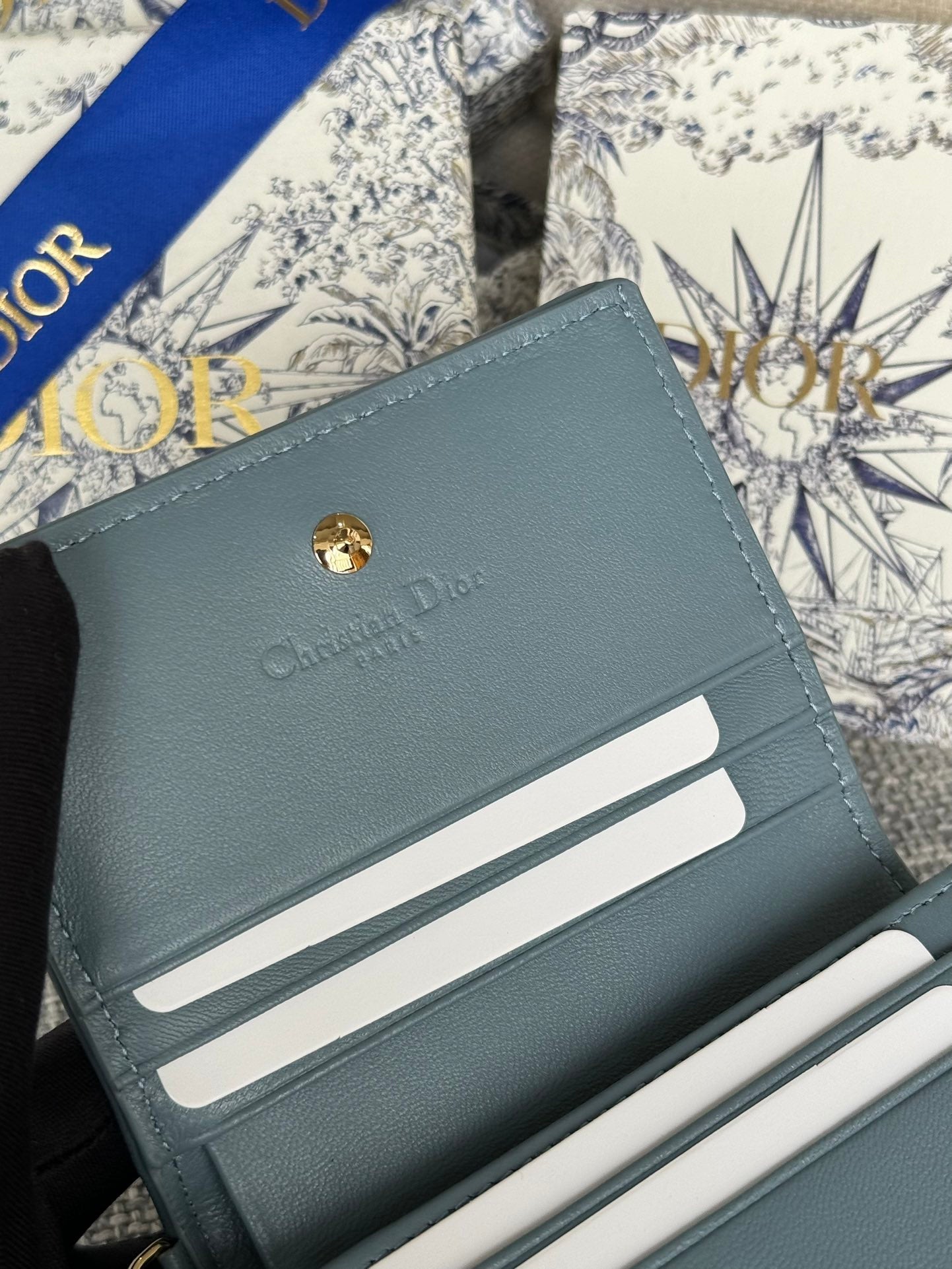 DIOR MINI LADY GARDENIA WALLET 11 IN SLATE GREY QUILTED CALFSKIN