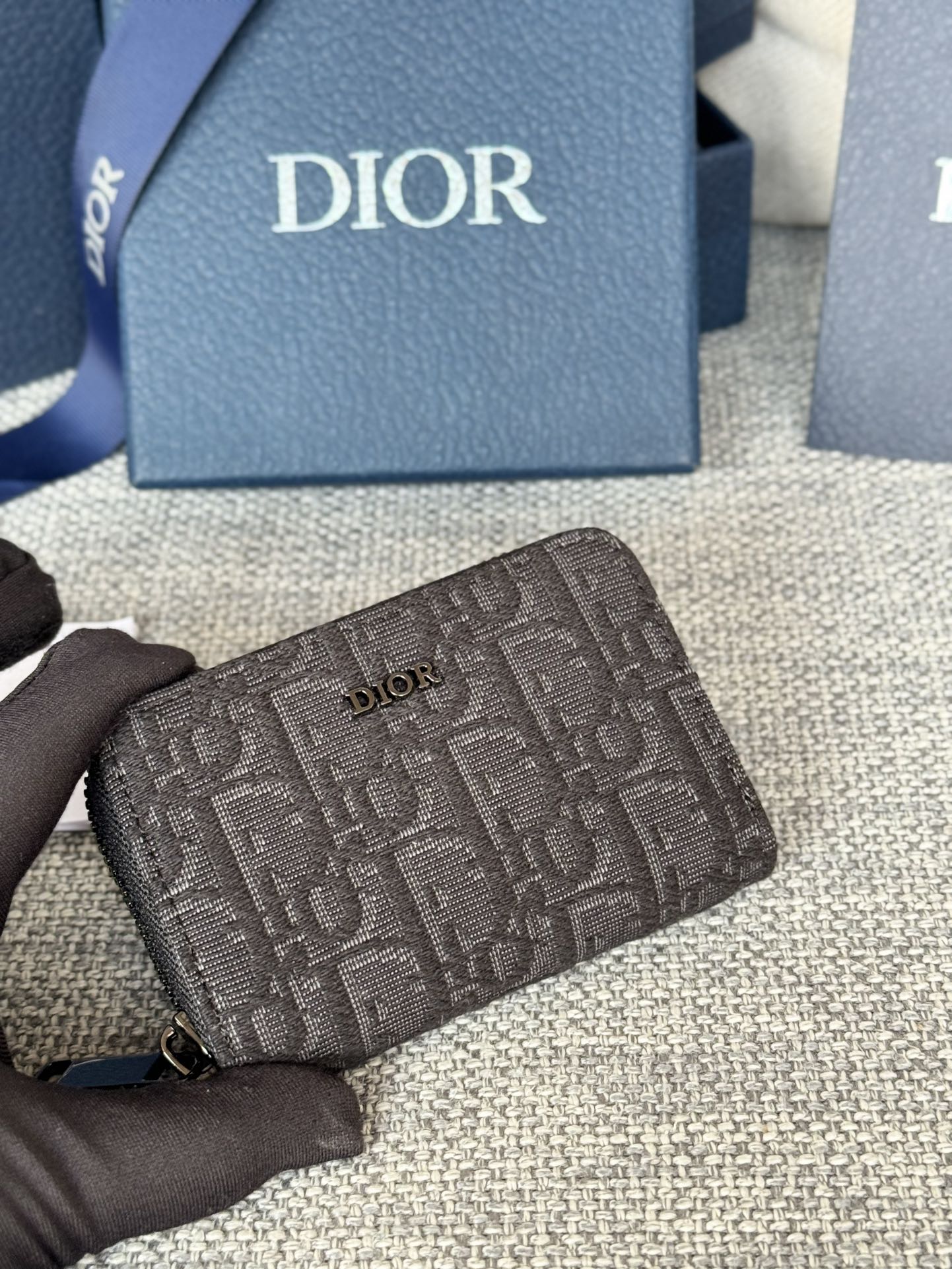 DIOR ZIPPED MINI WALLET 10 IN BLACK MONOGRAM OBLIQUE JACQUARD