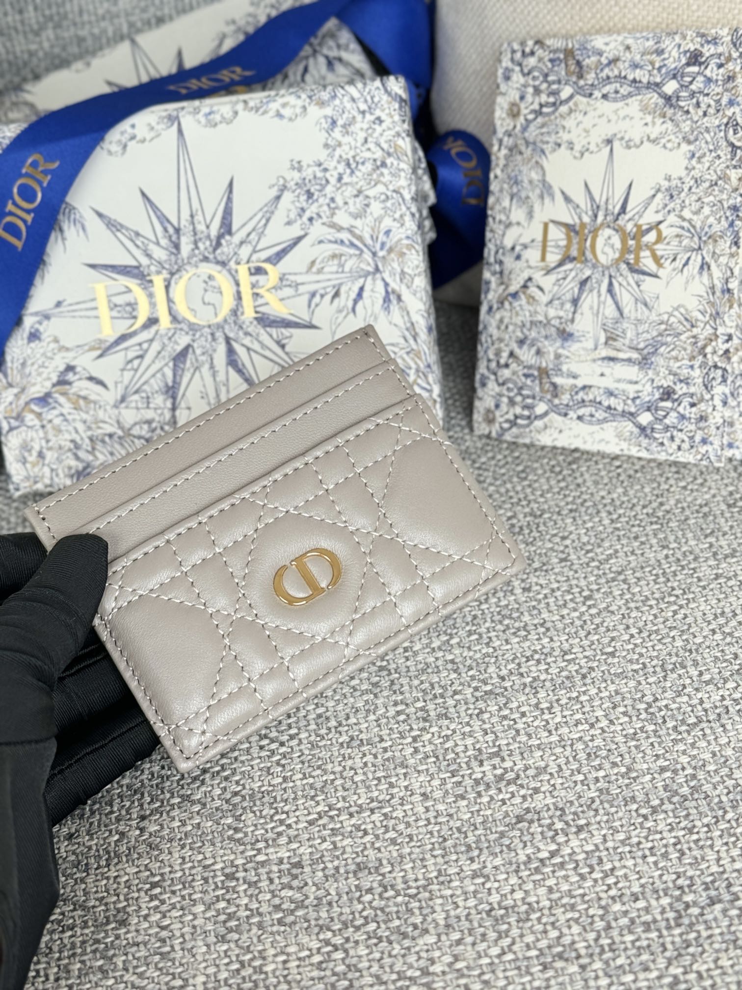 DIOR CARO FREESIA CARD HOLDER 10 IN LIGHT GREY CANNAGE CALFSKIN
