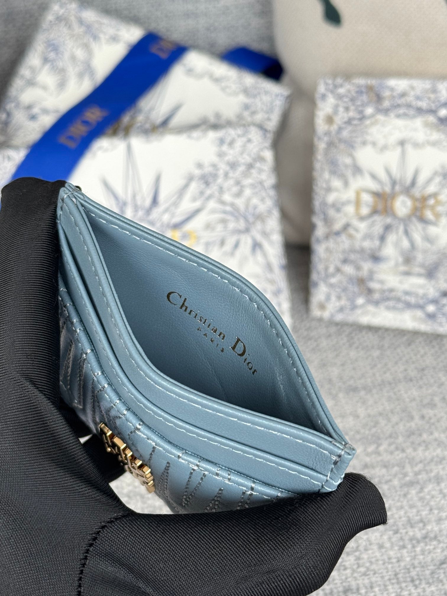 DIOR FREESIA CARD HOLDER 10 IN BABY BLUE QUILTED ALLOVER CALFSKIN