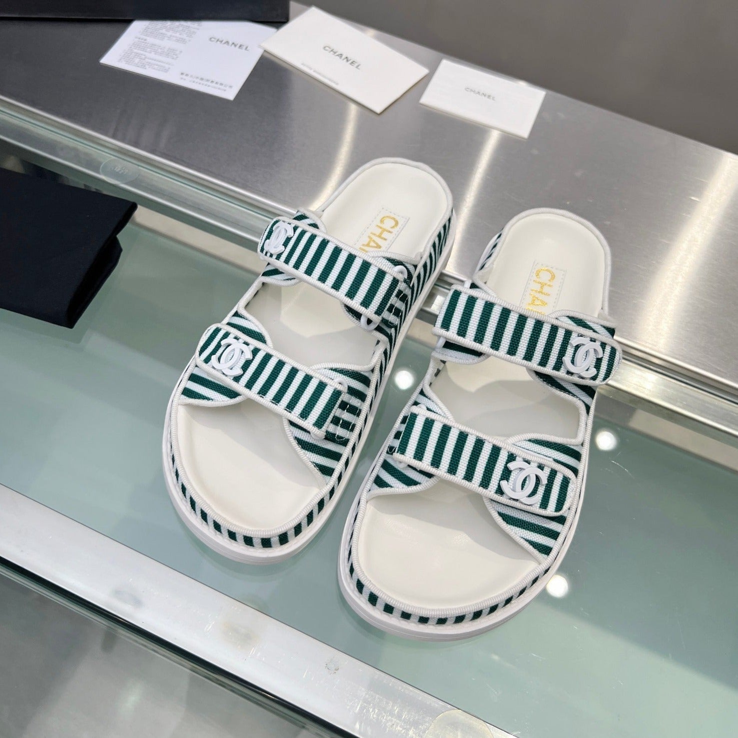 CHANEL Stripes Casual  Flat Sandals Jade Green White