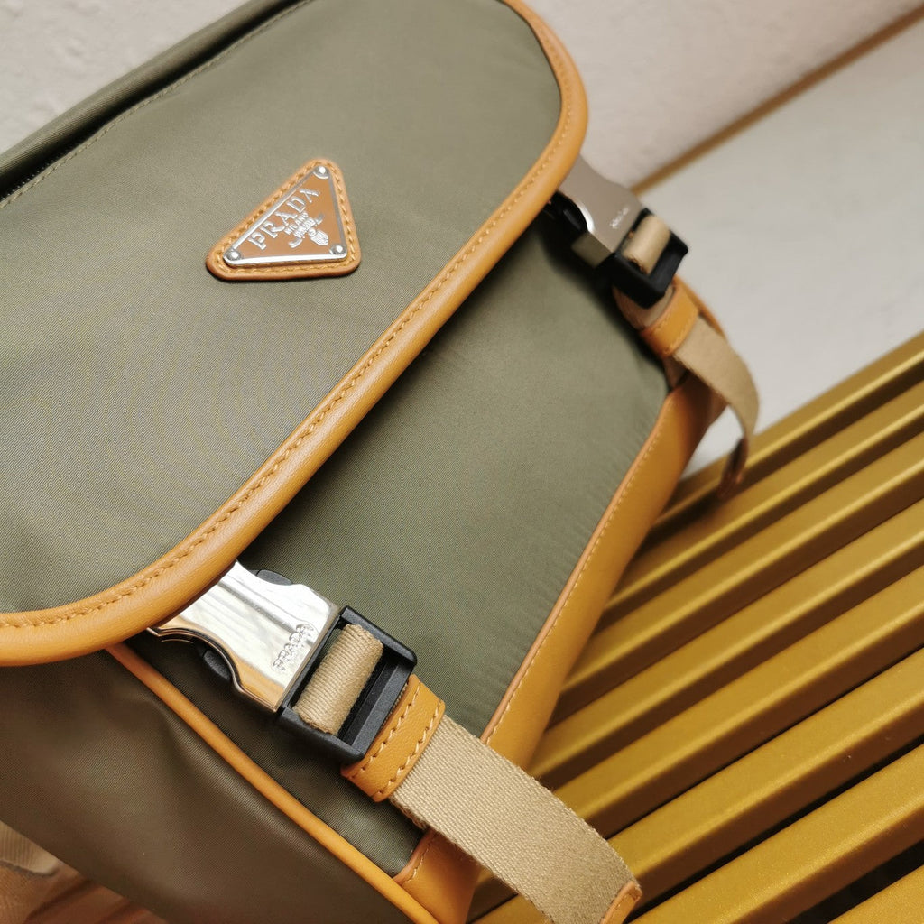 PRADA MESSENGER BAG 20 IN KHAKI GREEN RE-NYLON AND BROWN CALFSKIN TRIM