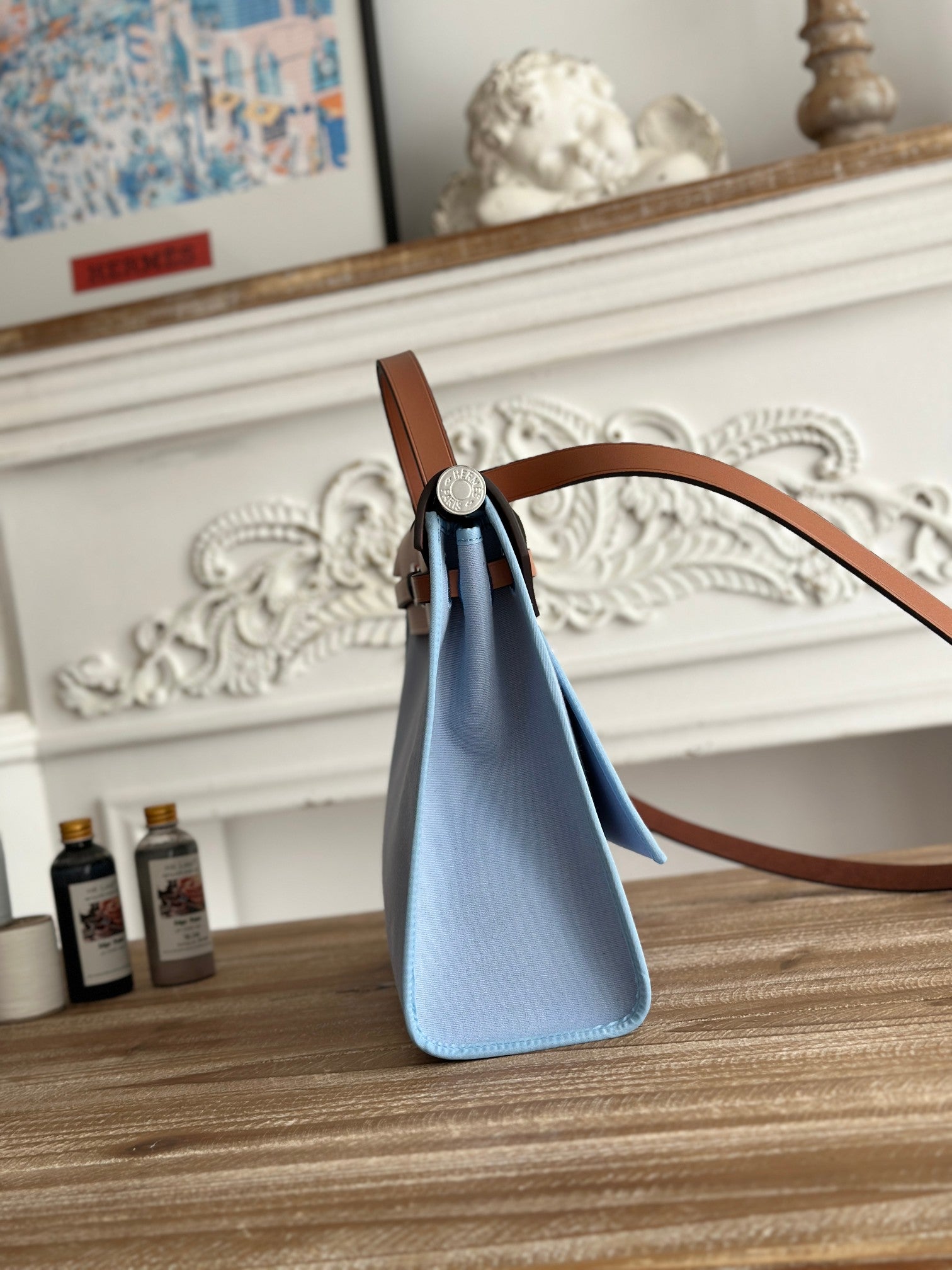 HERMES ZIP CABINE 31 BAG IN LIGHT BLUE CANVAS AND BRONZE BROWN CALFSKIN