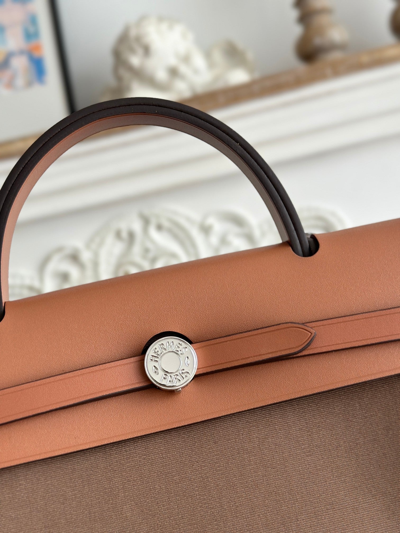 HERMES ZIP CABINE 31 BAG IN CHOCOLATE BROWN CANVAS AND BRONZE BROWN CALFSKIN