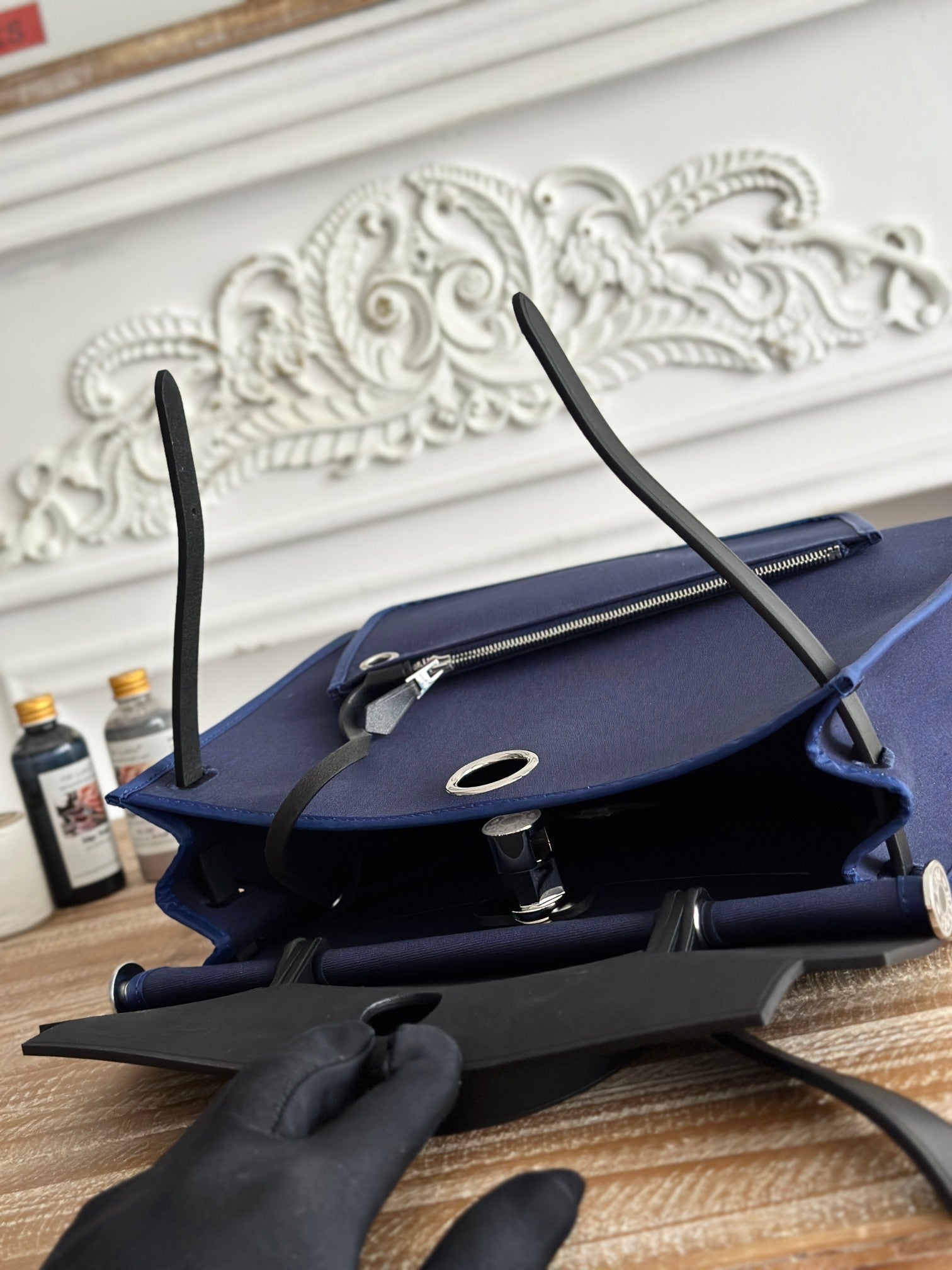 HERMES ZIP CABINE 31 BAG IN NAVY BLUE CANVAS AND BLACK CALFSKIN