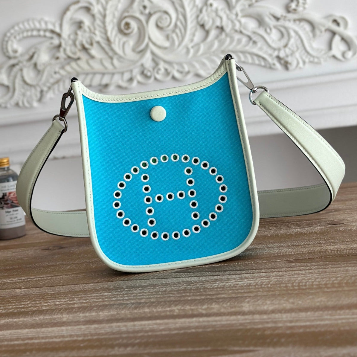 HERMES MINI NEO 17 EVELYNE BAG IN SKY BLUE CANVAS AND WHITE CALFSKIN