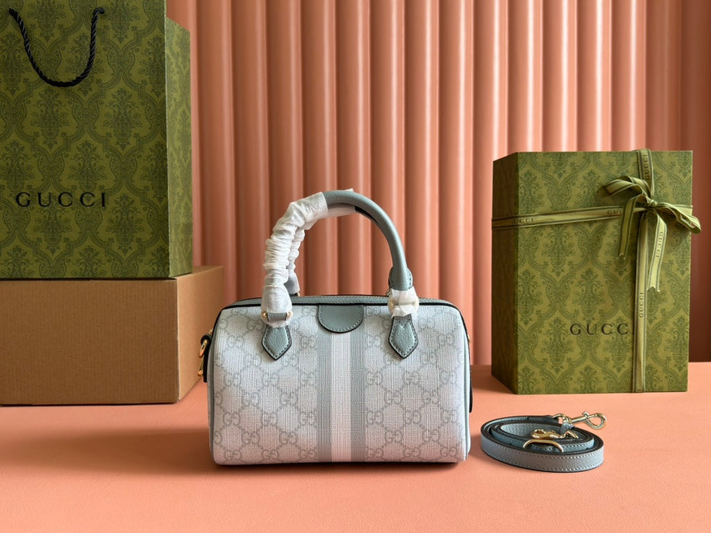 GUCCI OPHIDIA TOP HANDLE BAG 21 IN GREY-GREEN MONOGRAM CANVAS AND CALFSKIN TRIM GOLD HARDWARE